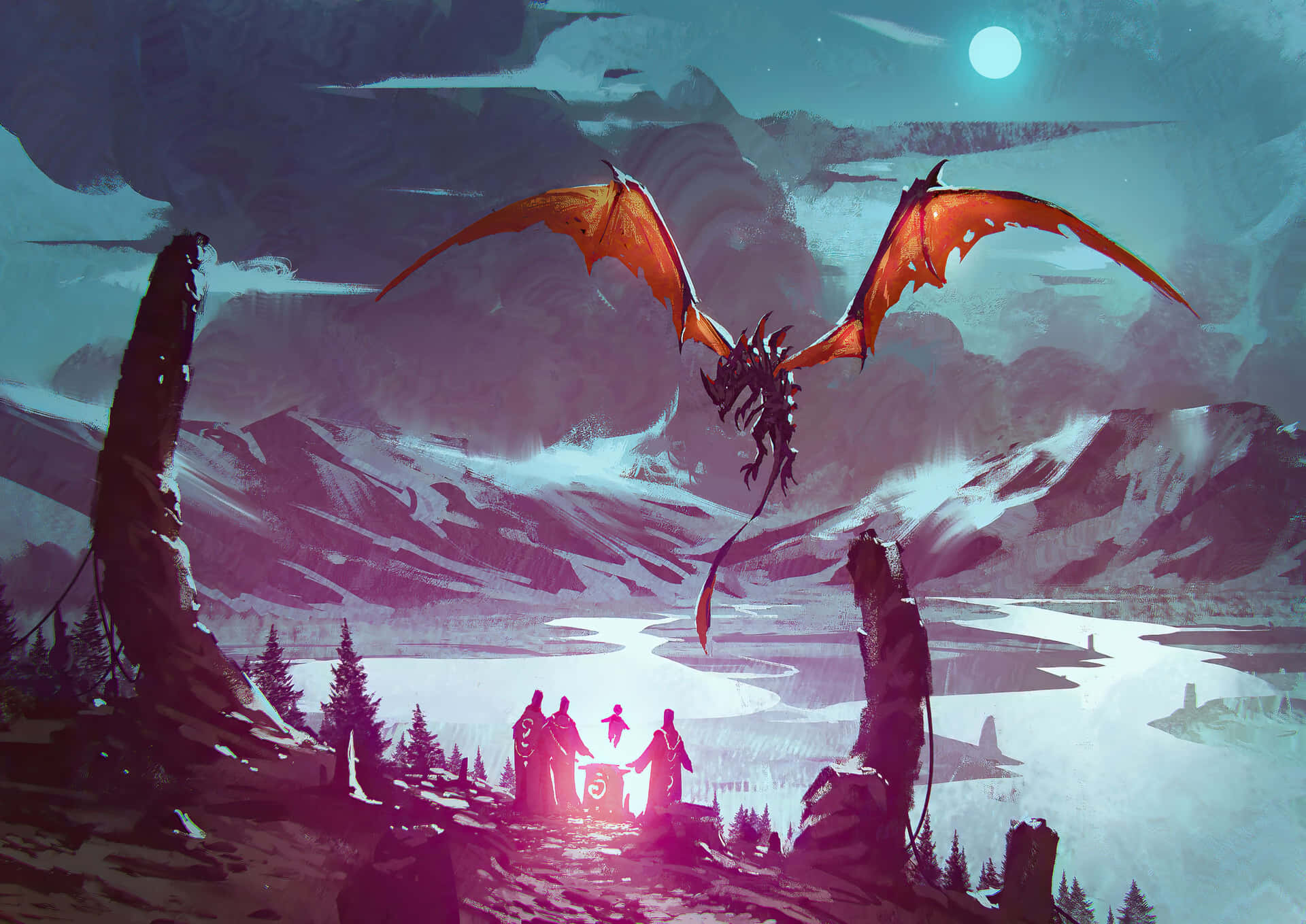 A Dragon Flying Over A Mountain With People In The Background Background