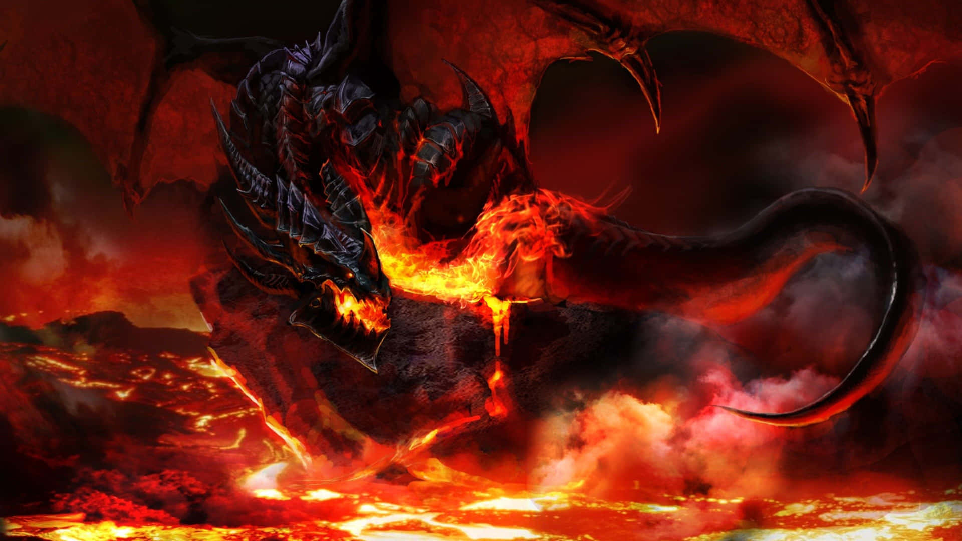 A Dragon Is Flying In The Air With Flames Background