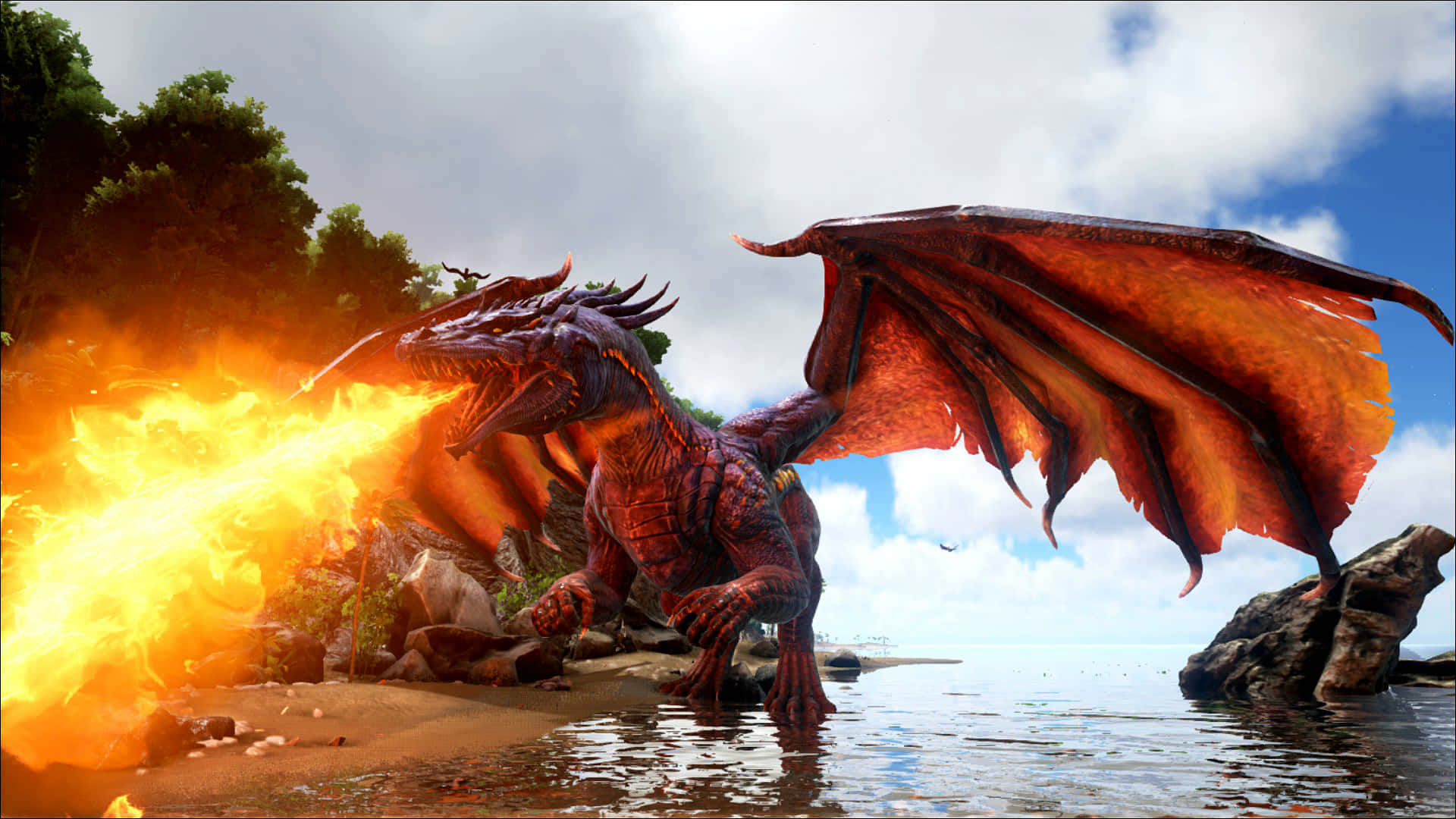A Dragon Is Flying Over A Lake With Fire Background