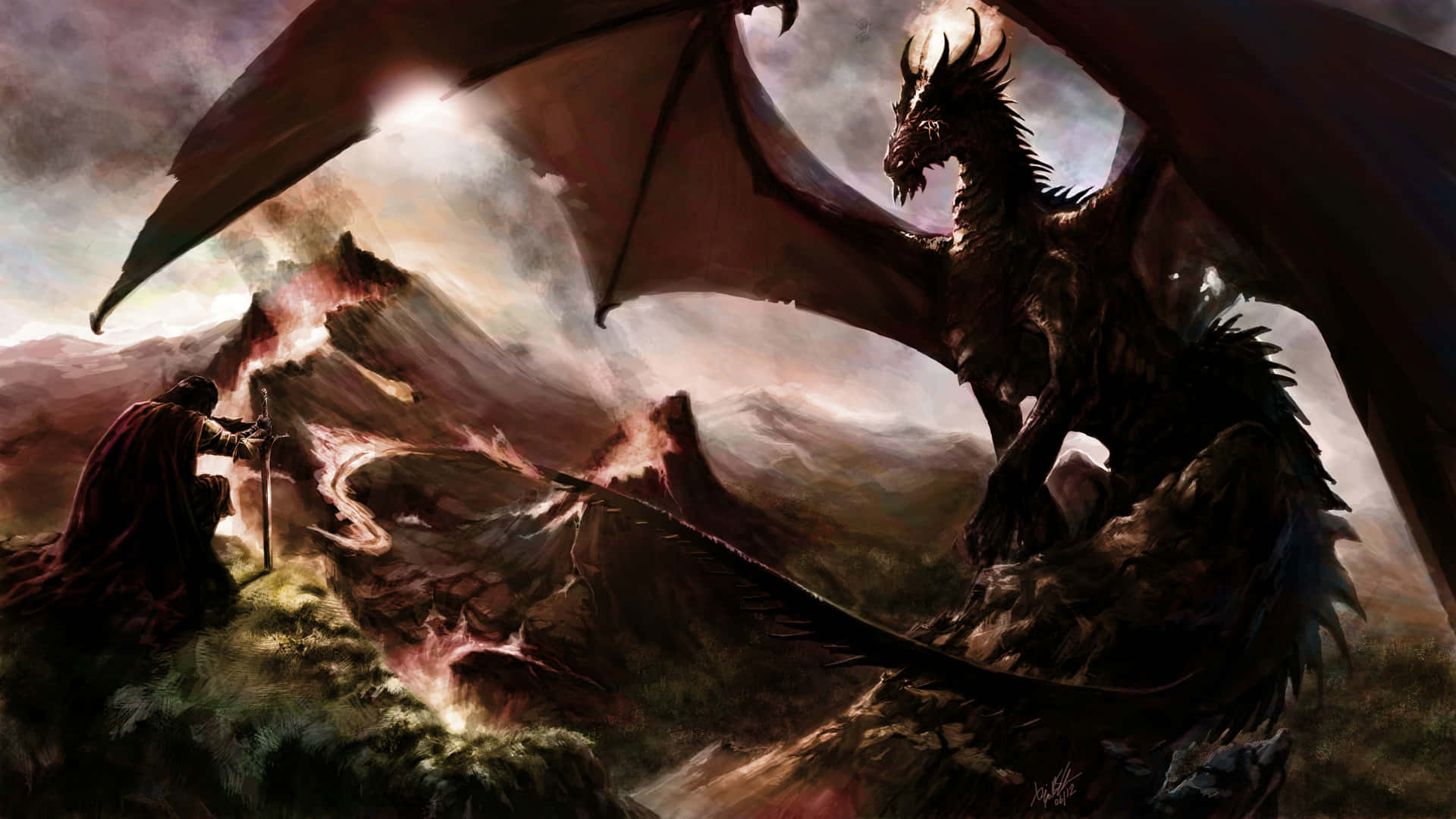 A Dragon Is Flying Over A Mountain Background