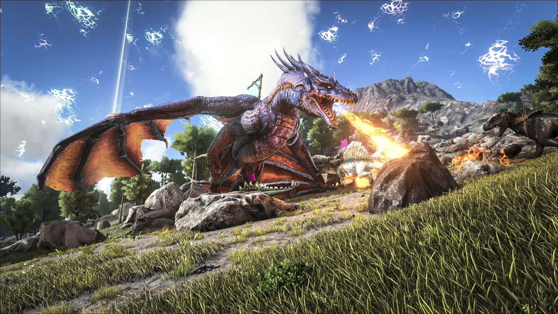 A Dragon Is Flying Over A Mountain Background