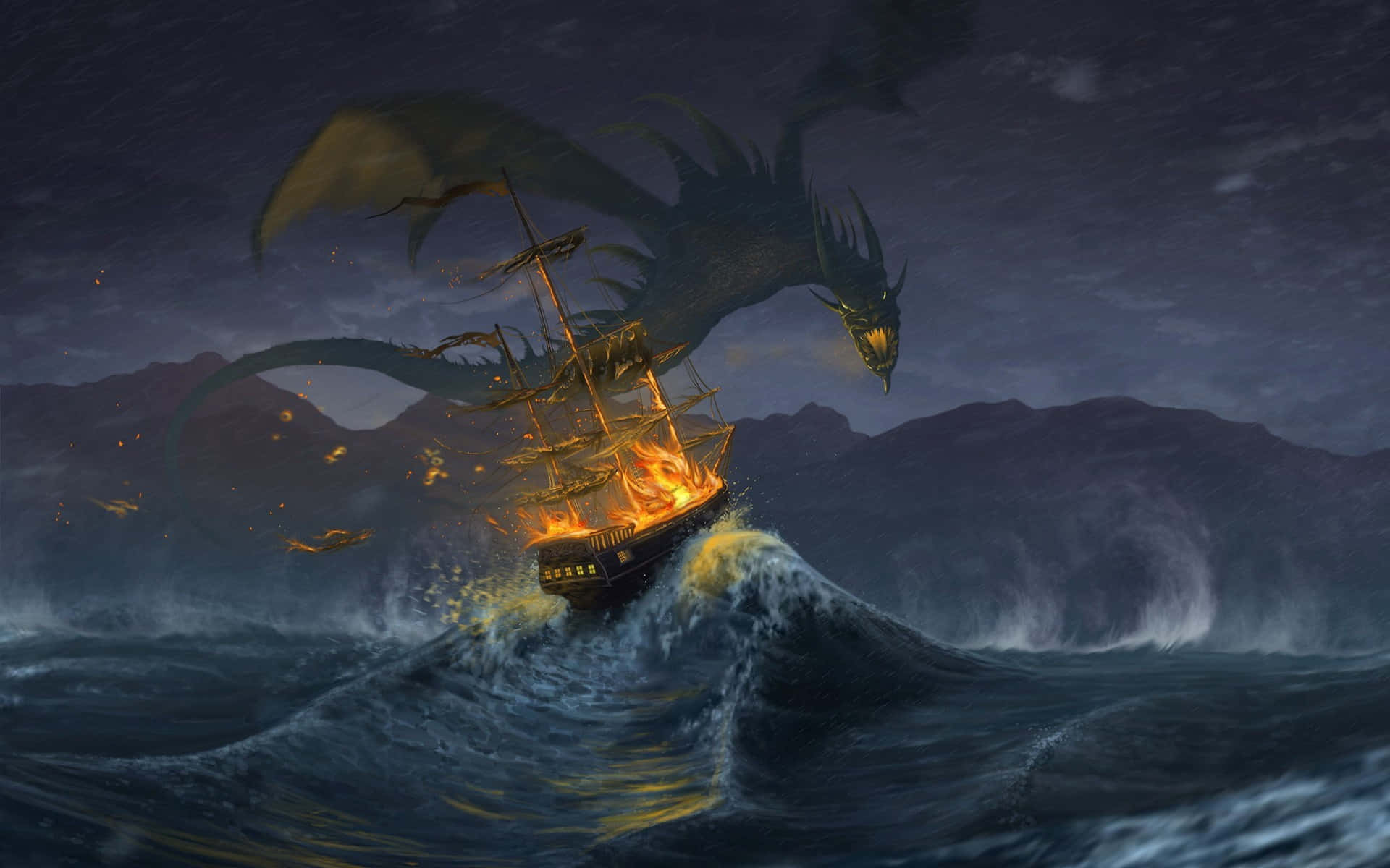 A Dragon Is Flying Over A Ship In The Ocean Background