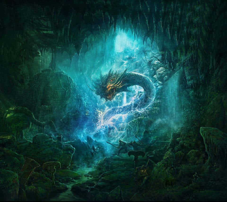 A Dragon Is In A Cave With A Light Shining On It Background