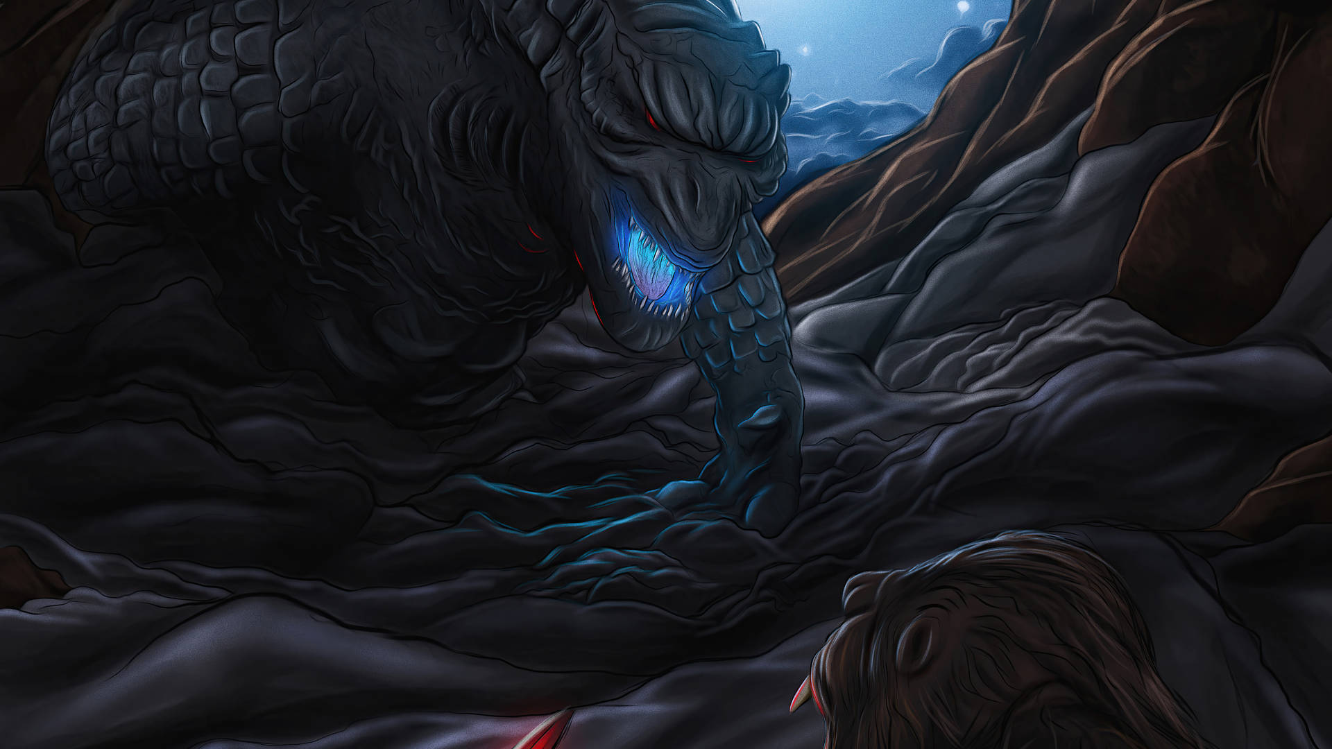 A Dragon Is In The Middle Of A Cave With A Light Shining On It Background