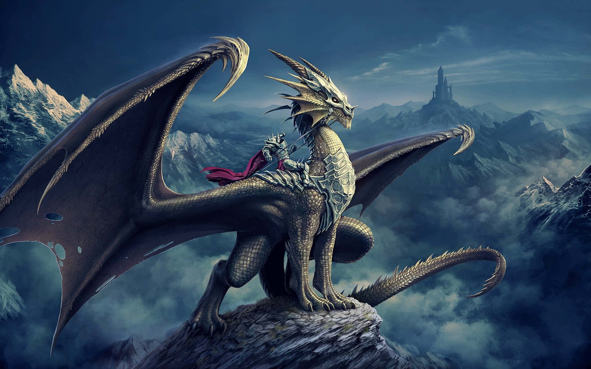 A Dragon Is Sitting On Top Of A Mountain Background