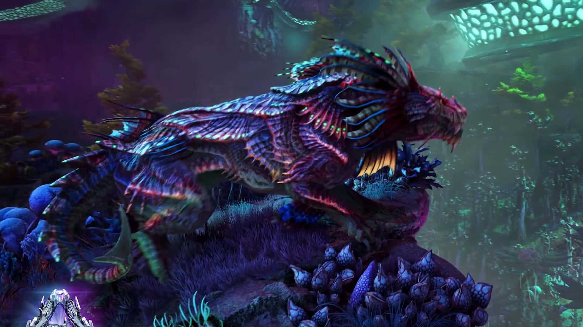 A Dragon Is Standing On A Rock In A Dark Environment Background