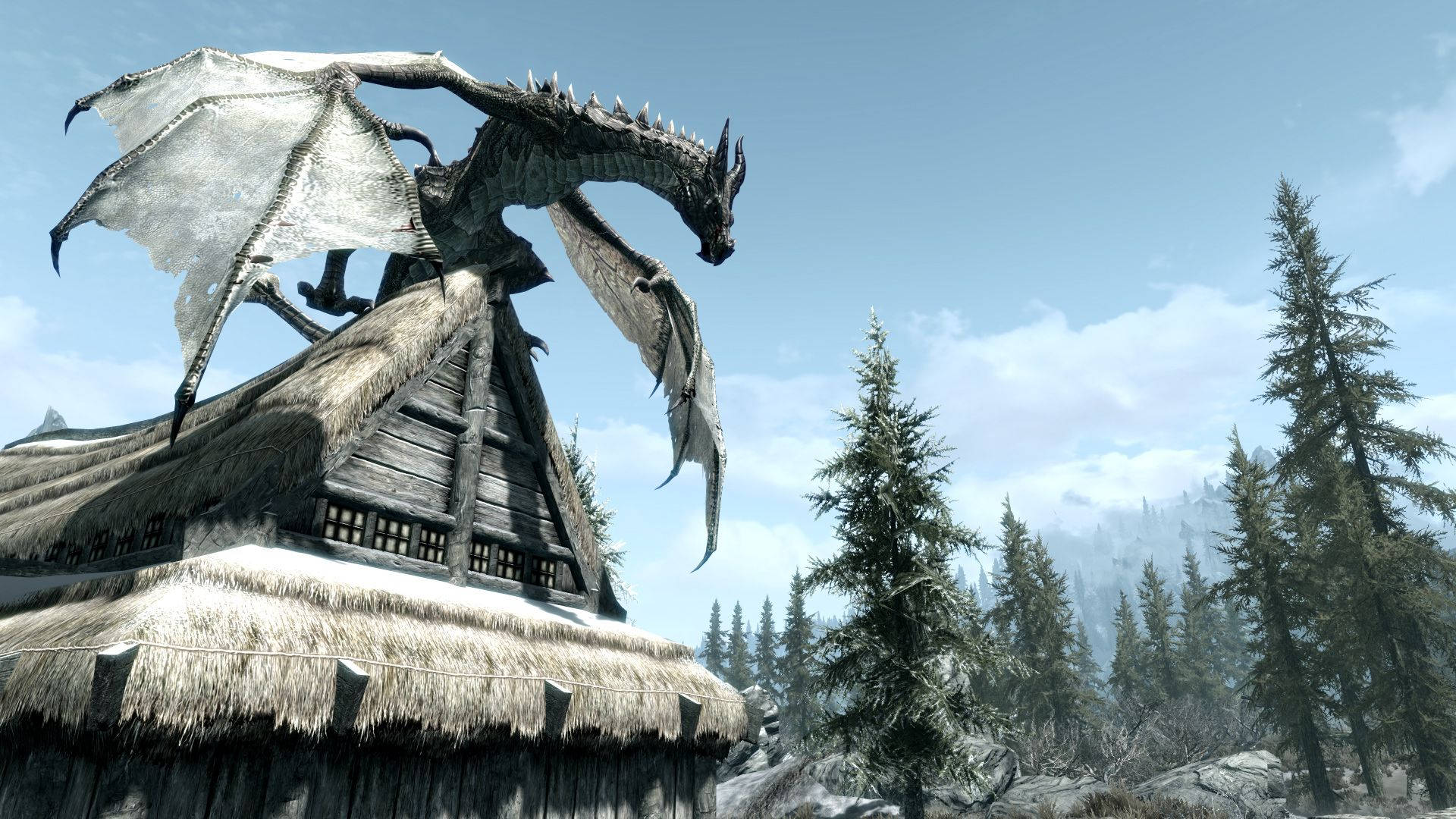 A Dragon Is Standing On Top Of A House In The Snow Background