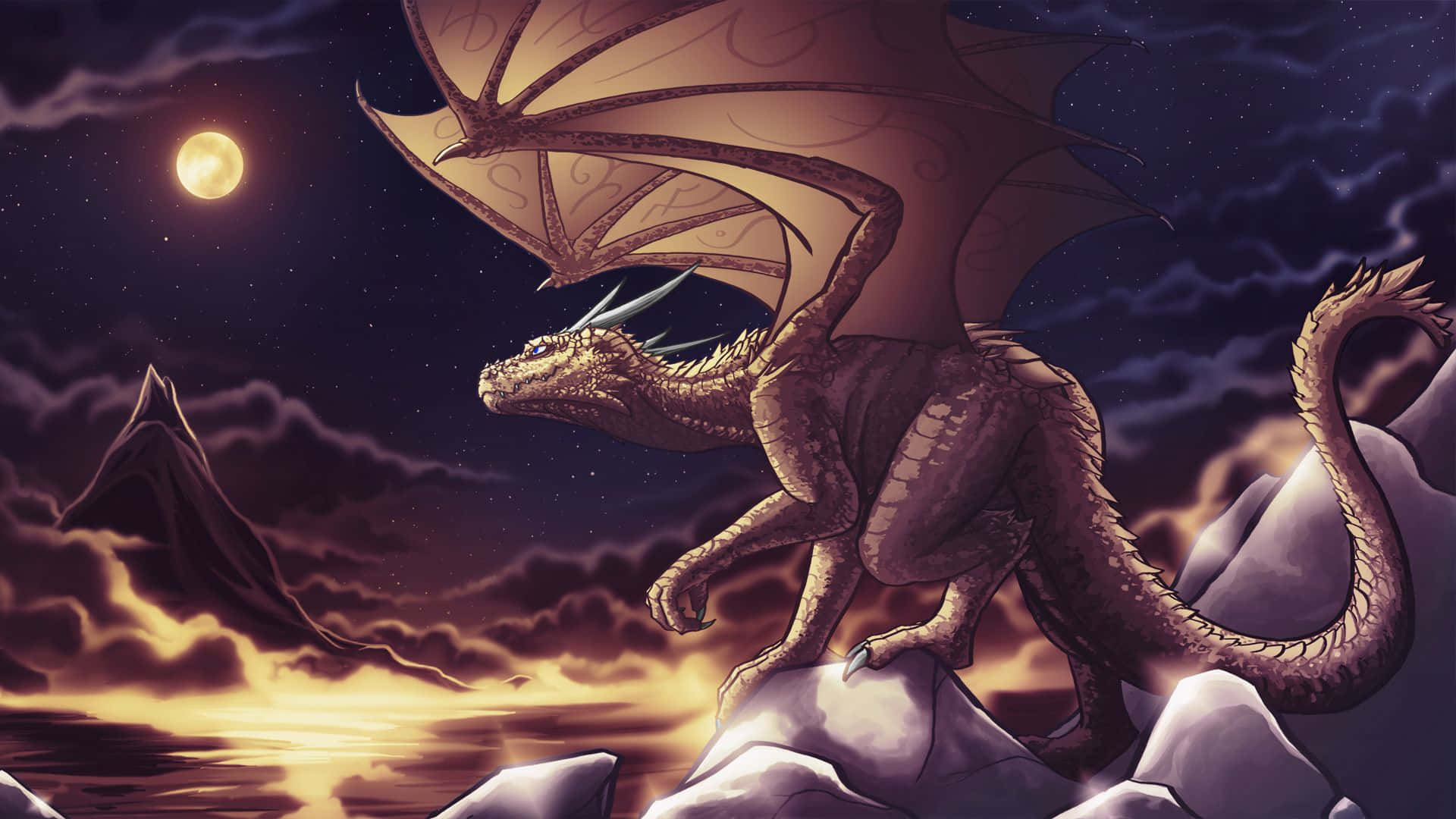 A Dragon Is Standing On Top Of A Mountain With A Moon In The Background Background