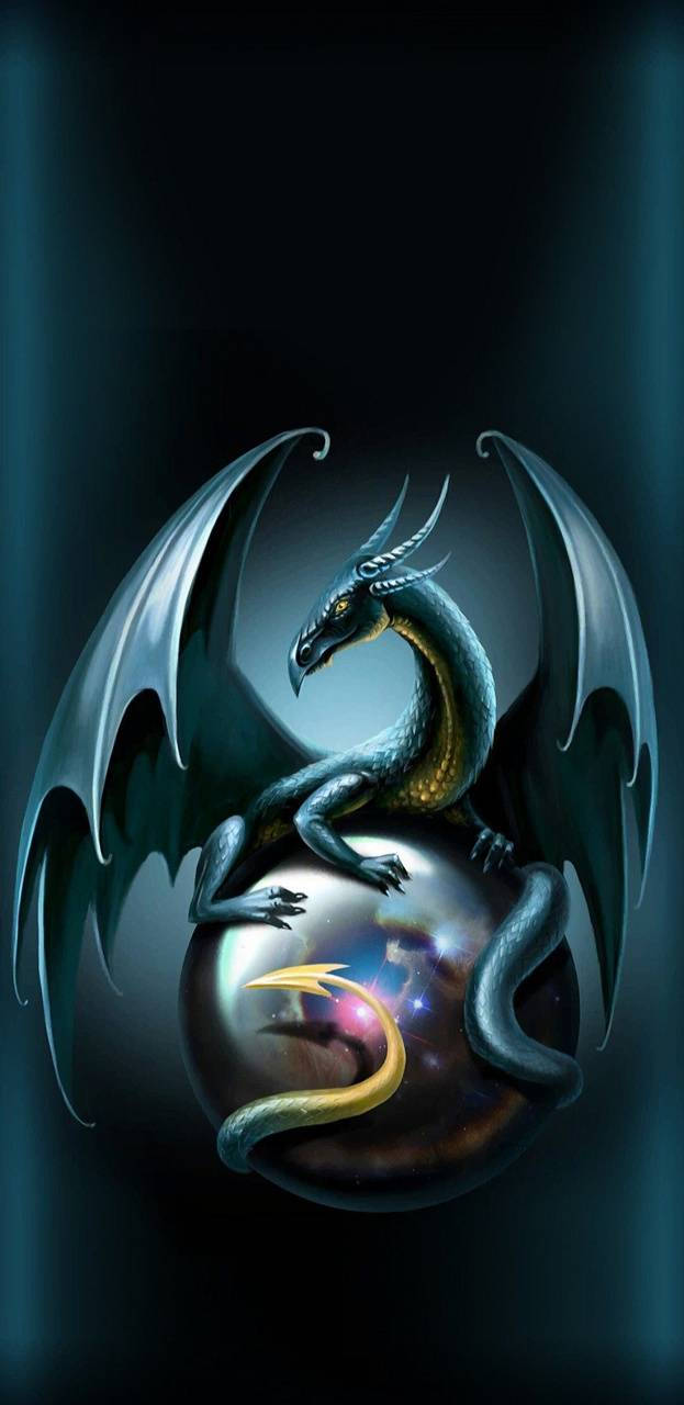 A Dragon Sitting On A Ball Of Black Background