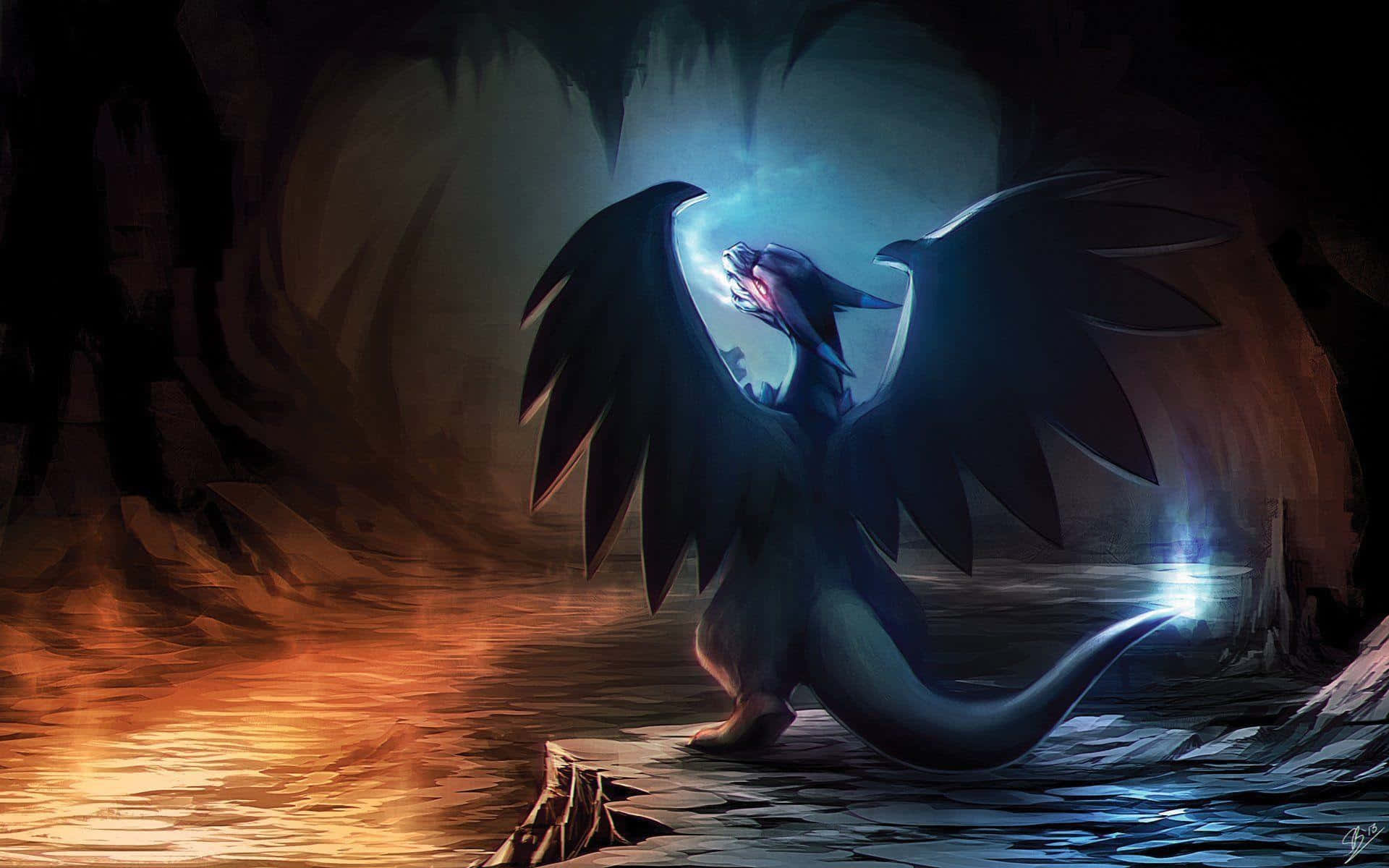A Dragon Standing In A Cave With A Light Shining On It Background