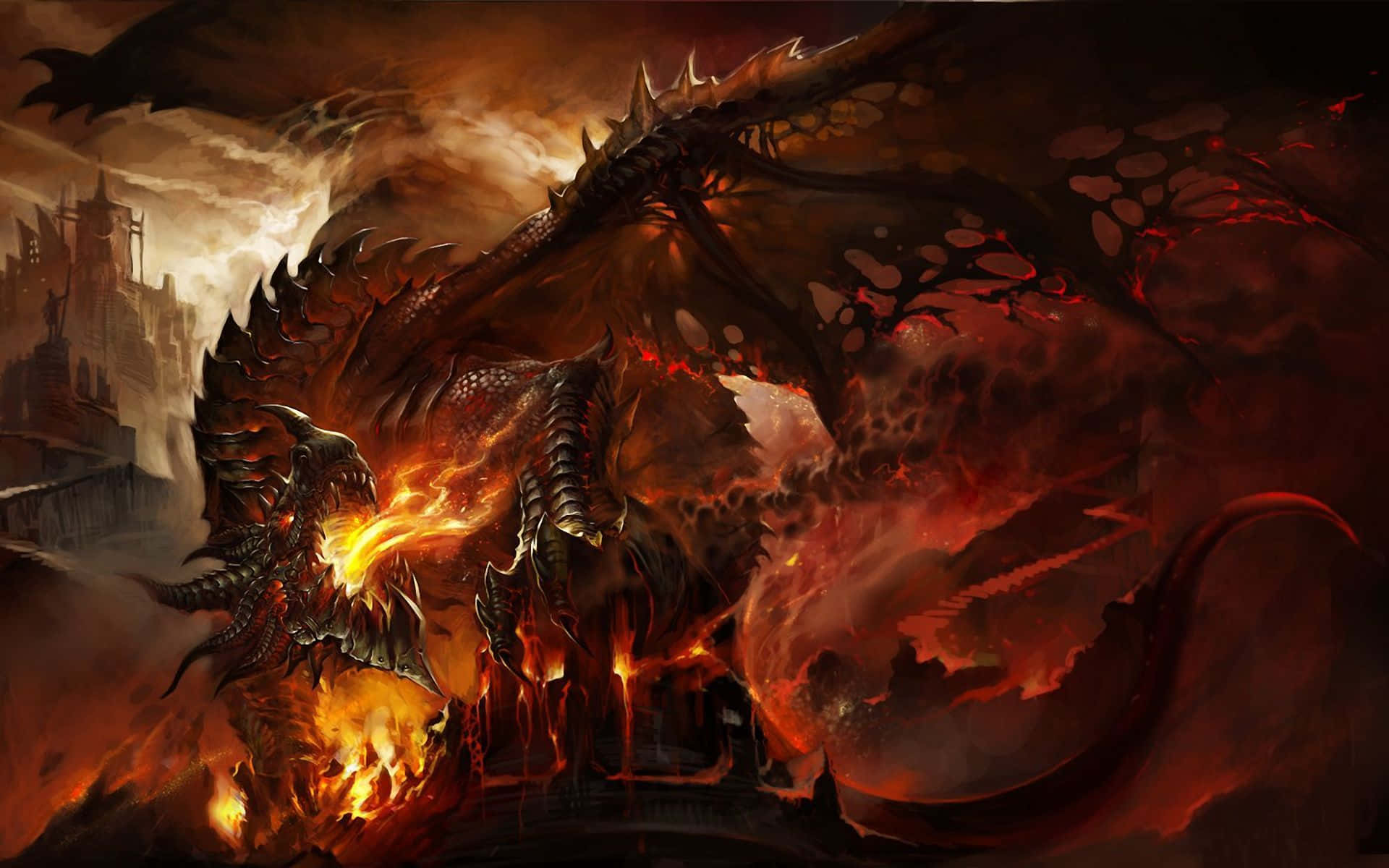 A Dragon With Fire And Flames On It Background