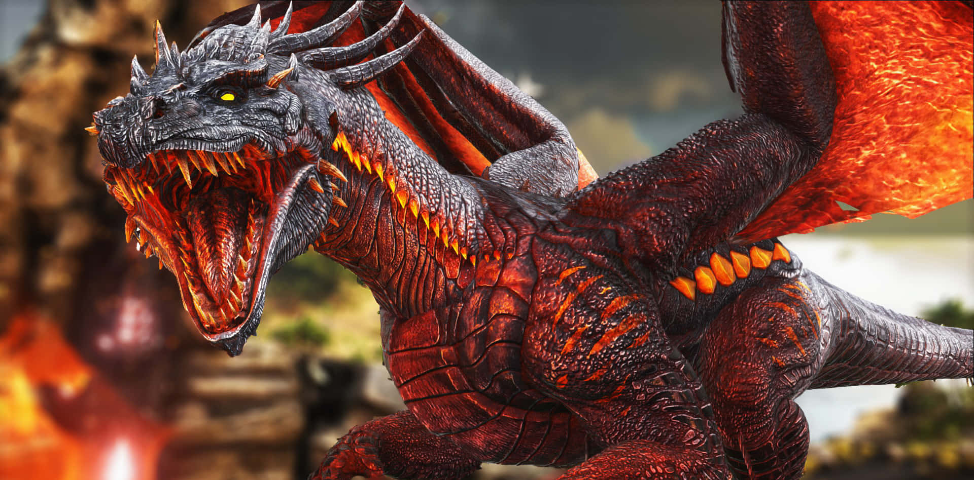 A Dragon With Red And Black Wings Background