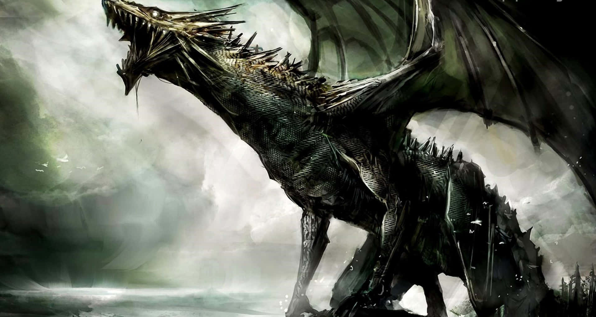 A Dragon With Wings Is Standing In The Water