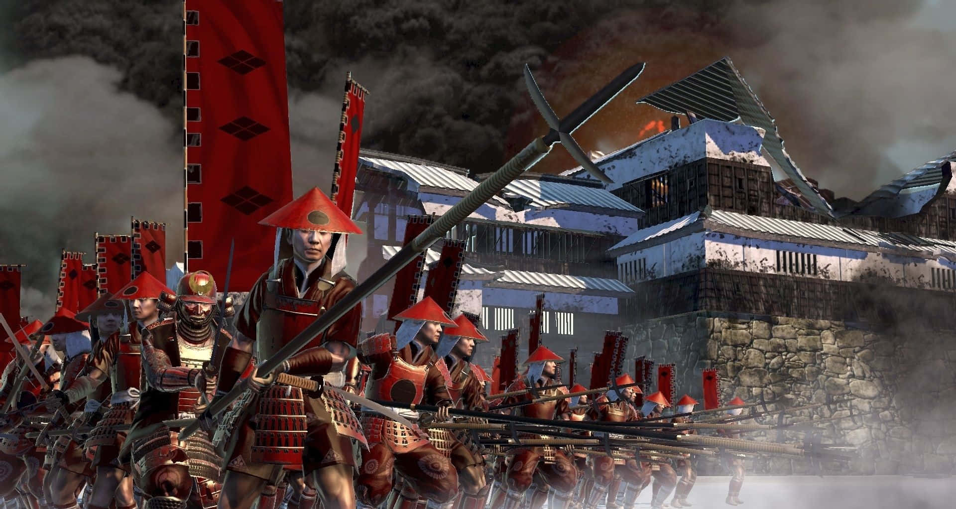 A Dramatic Shogun Dressed For Battle In Traditional Japanese Armor Background