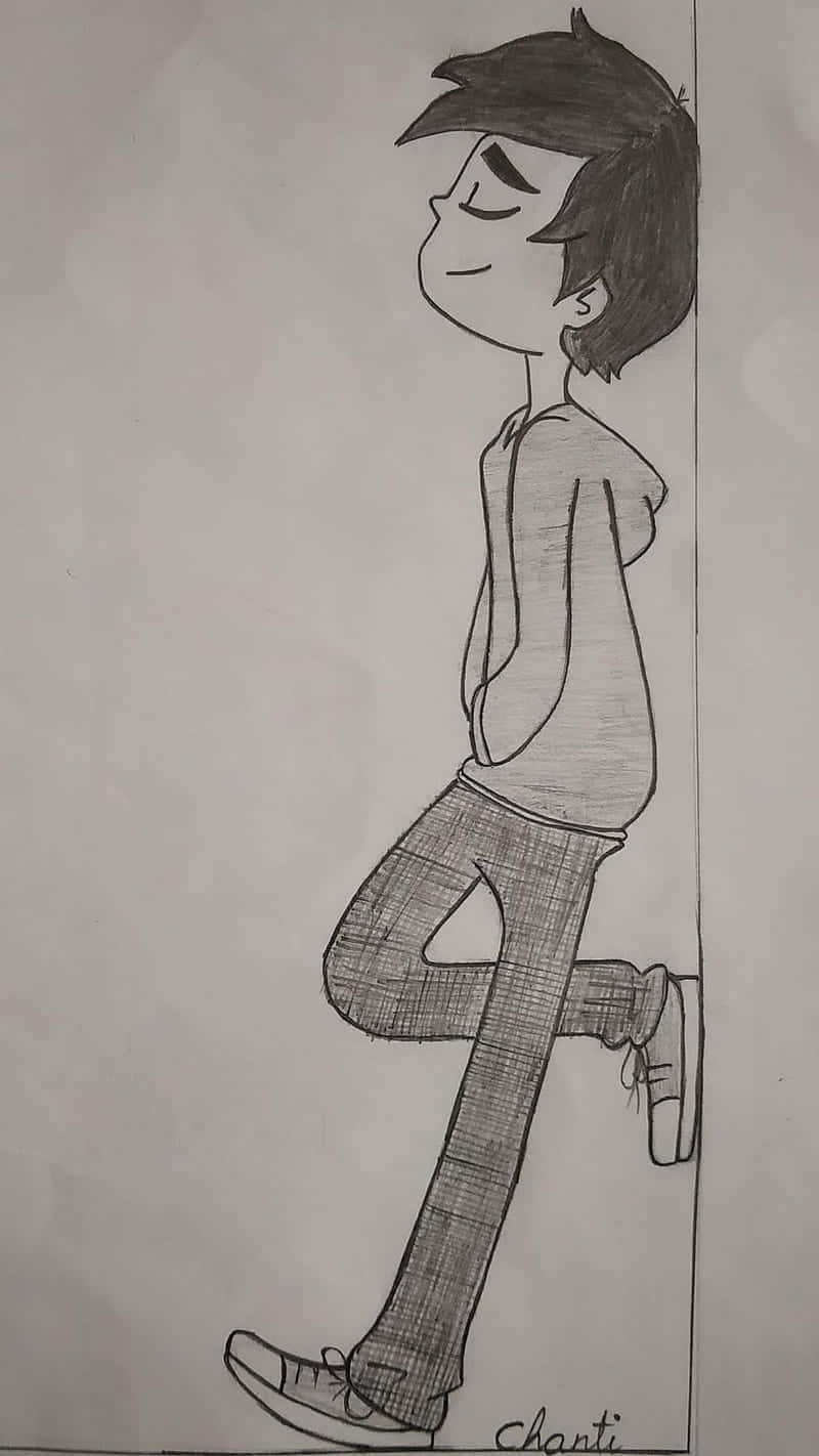 A Drawing Of A Boy With His Feet On The Ground Background