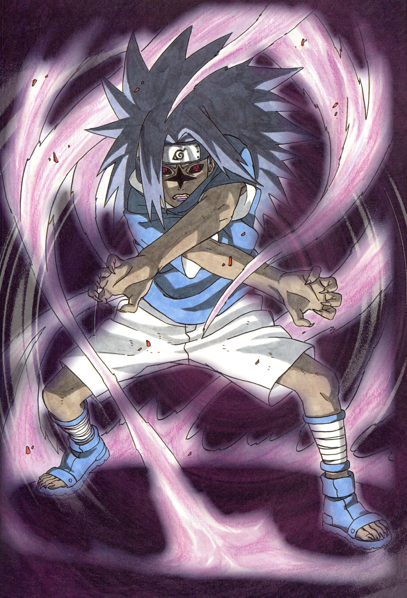 A Drawing Of A Character With A Purple And Blue Background Background