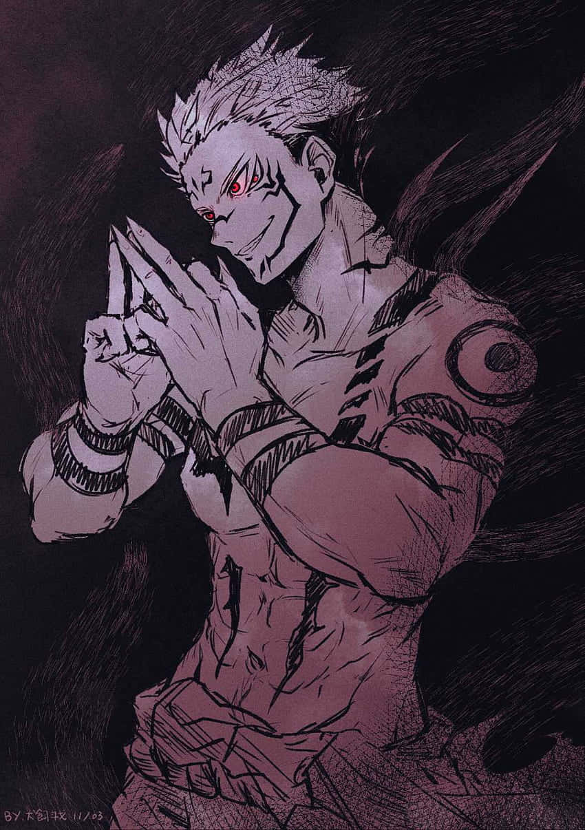 A Drawing Of A Character With A Sword Background