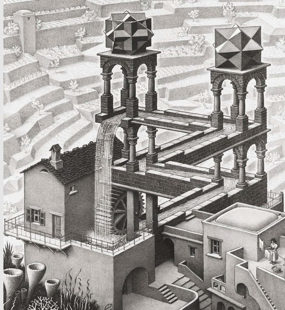 A Drawing Of A City With A Tower And Stairs