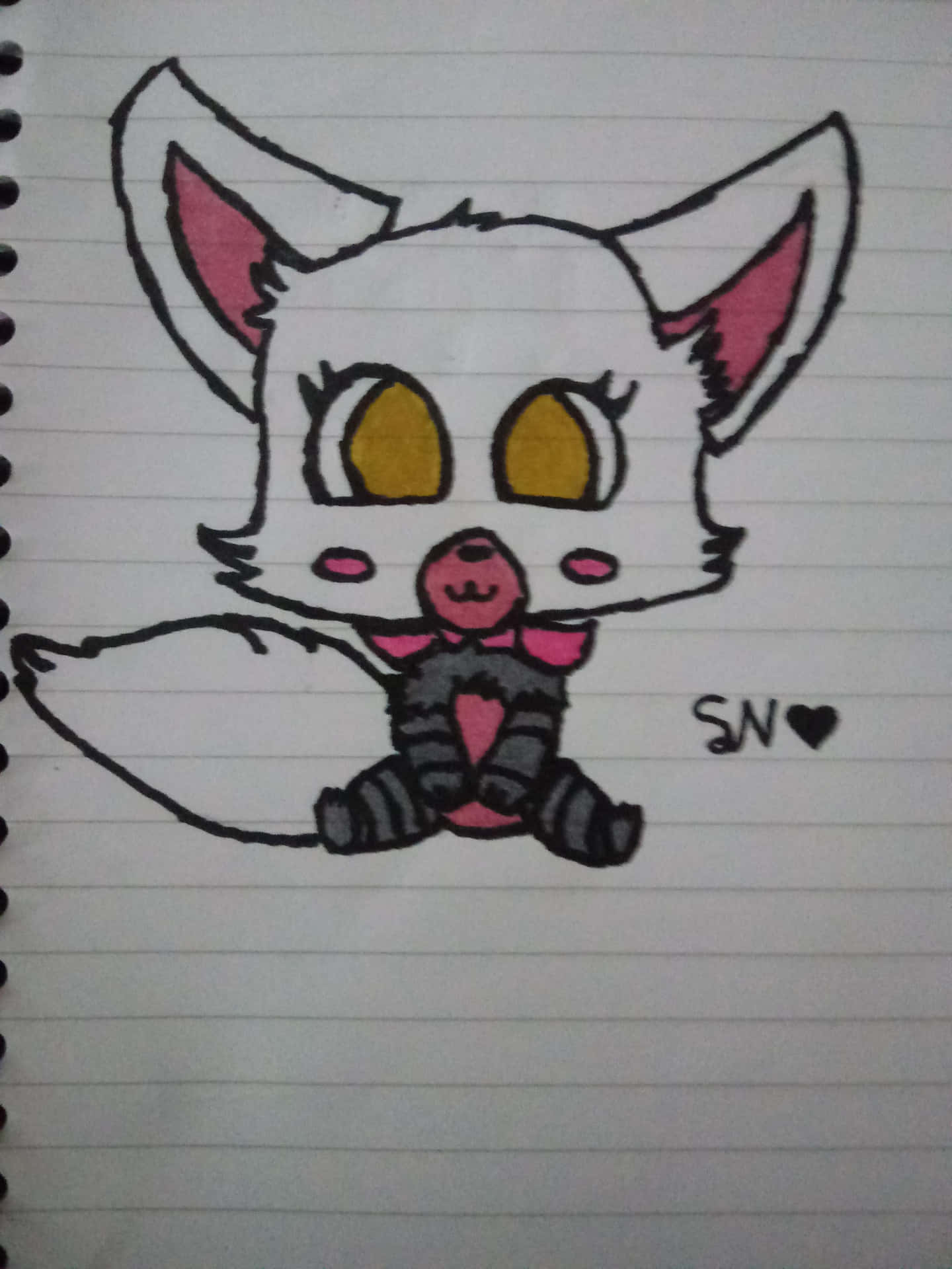 A Drawing Of A Fox With Pink Eyes And A Bow