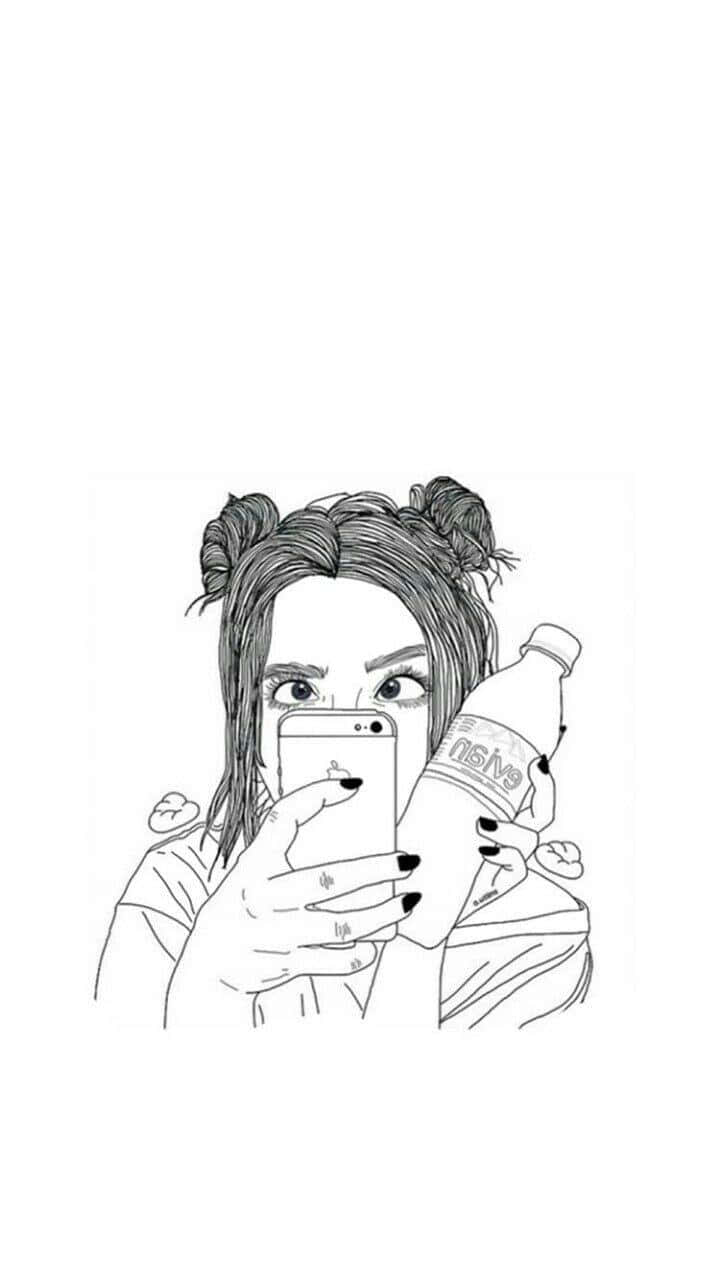 A Drawing Of A Girl Holding A Bottle Of Water Background