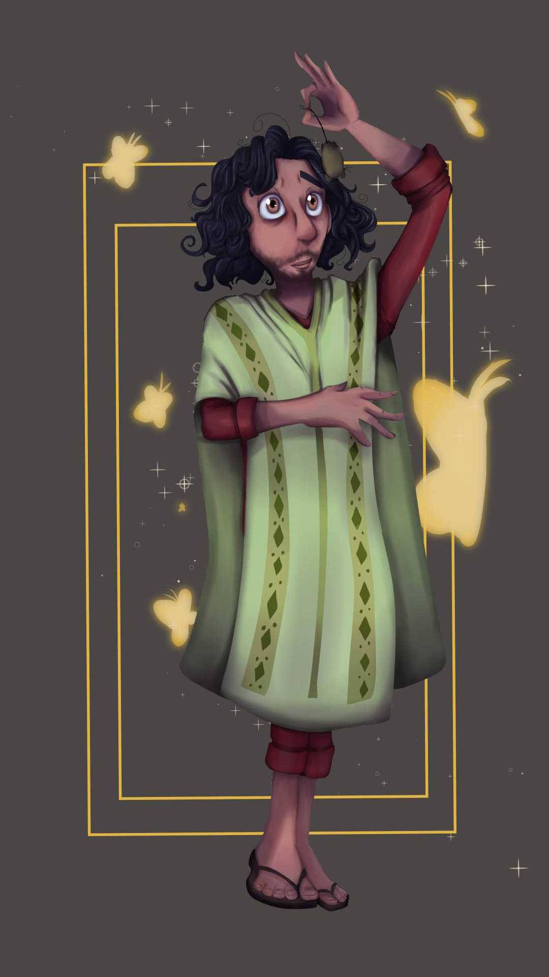 A Drawing Of A Girl With A Green Cloak And Butterflies Background