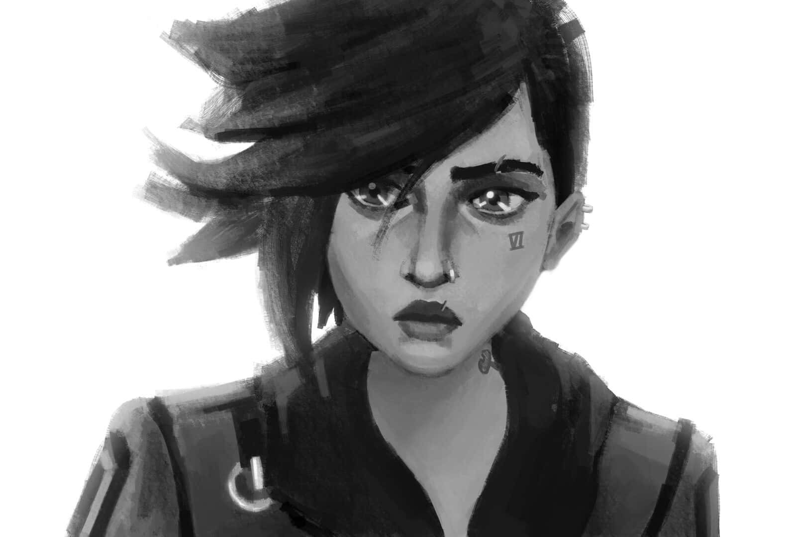 A Drawing Of A Girl With Black Hair And A Tattoo Background