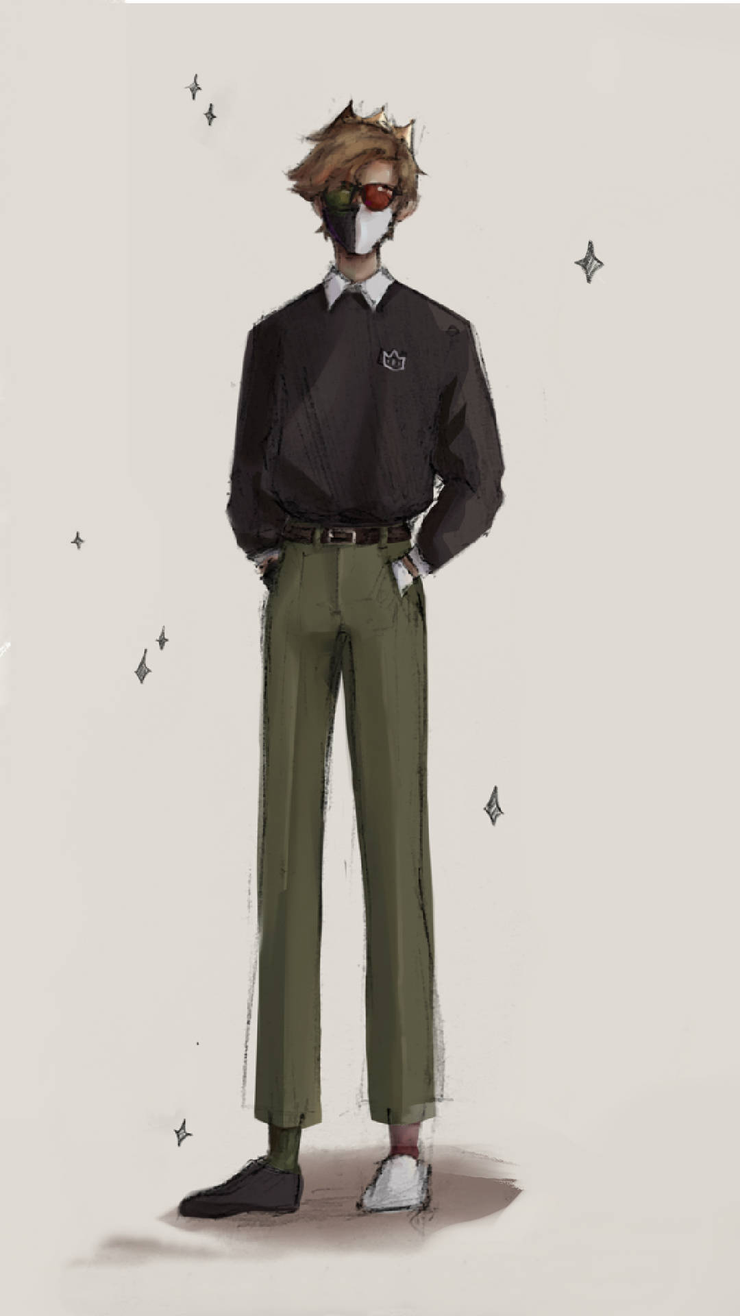 A Drawing Of A Man In A Black Shirt And Green Pants Background