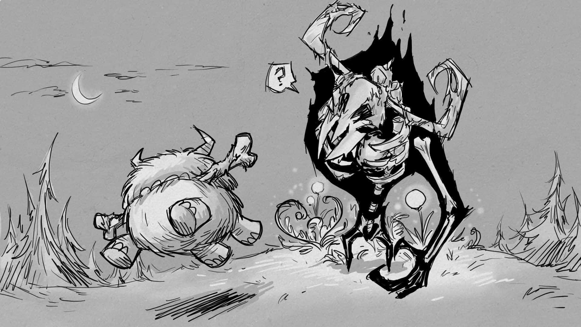 A Drawing Of A Monster And A Wolf Background