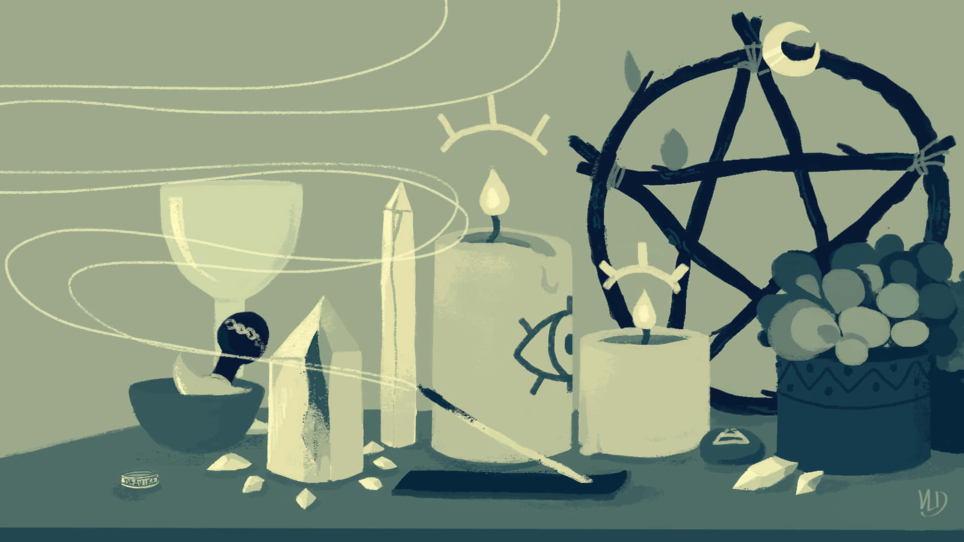 A Drawing Of A Pentacle, Candles, And A Pentacle Background