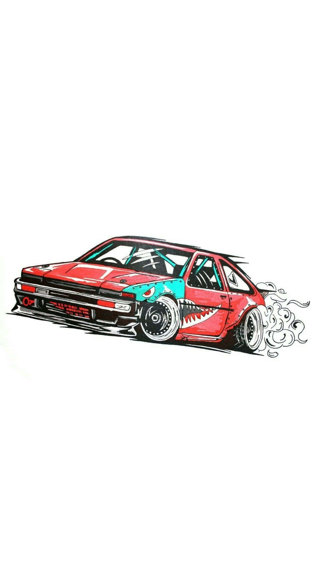 A Drawing Of A Red Car With Smoke Coming Out Of It Background