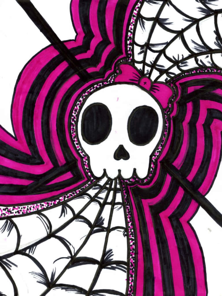 A Drawing Of A Skull With A Pink And Black Background Background