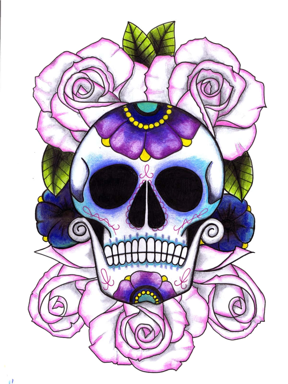 A Drawing Of A Skull With Roses And Purple Flowers Background