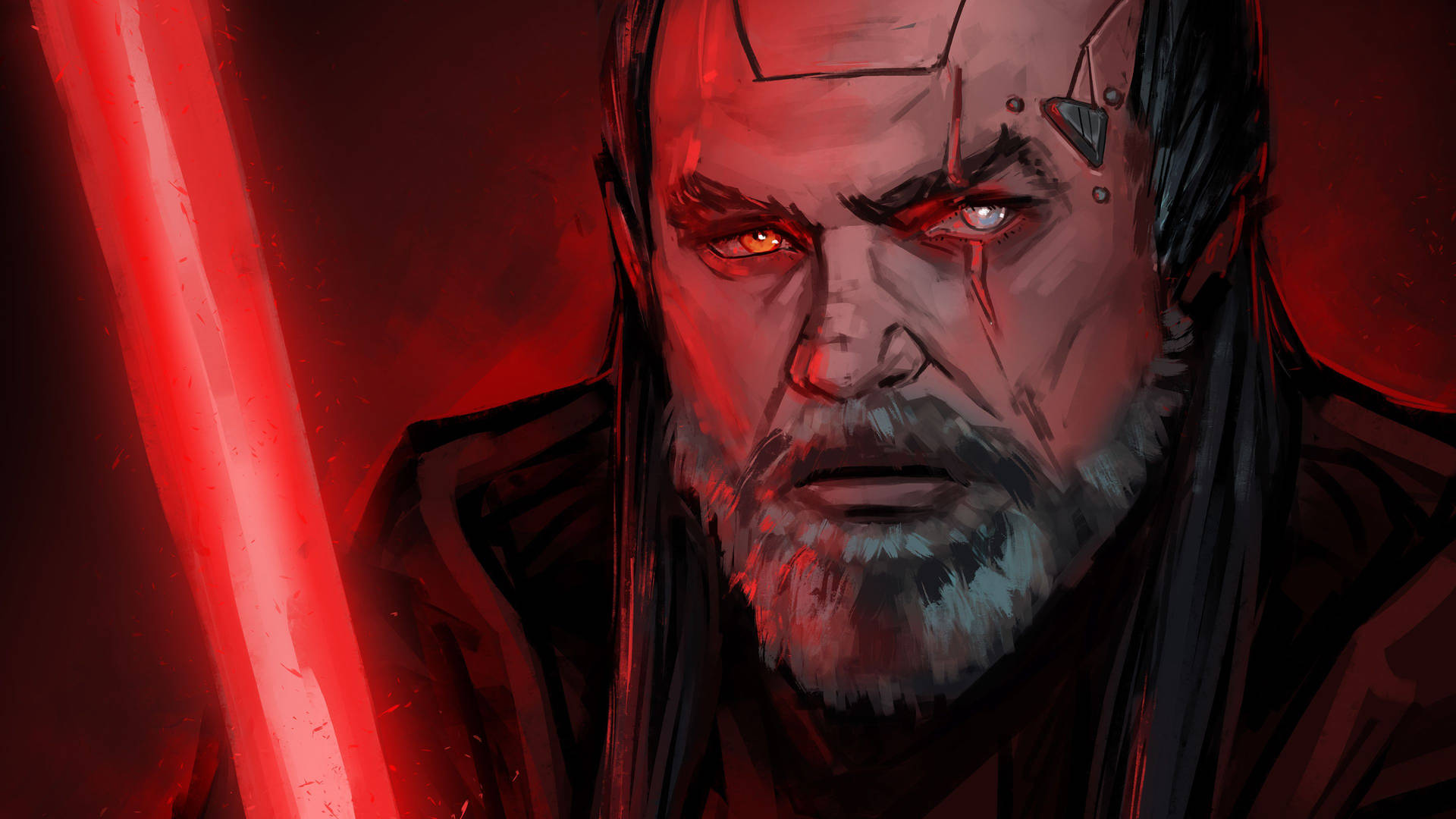 A Drawing Of A Star Wars Character With Red Lights Background