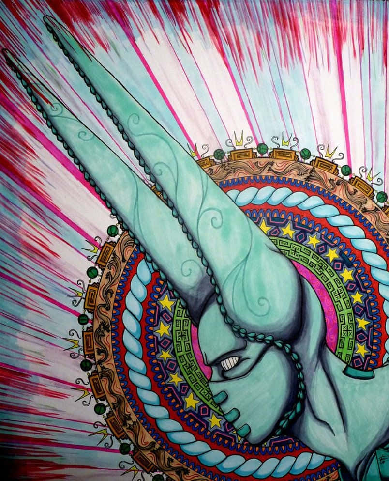 A Drawing Of A Woman With Horns And A Colorful Background Background
