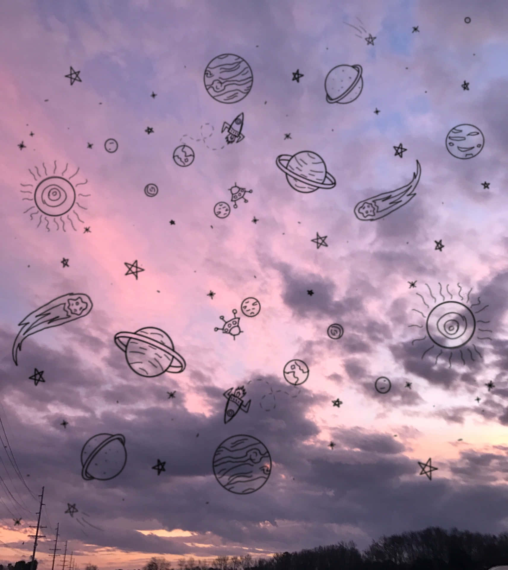 A Drawing Of Planets And Stars In The Sky Background
