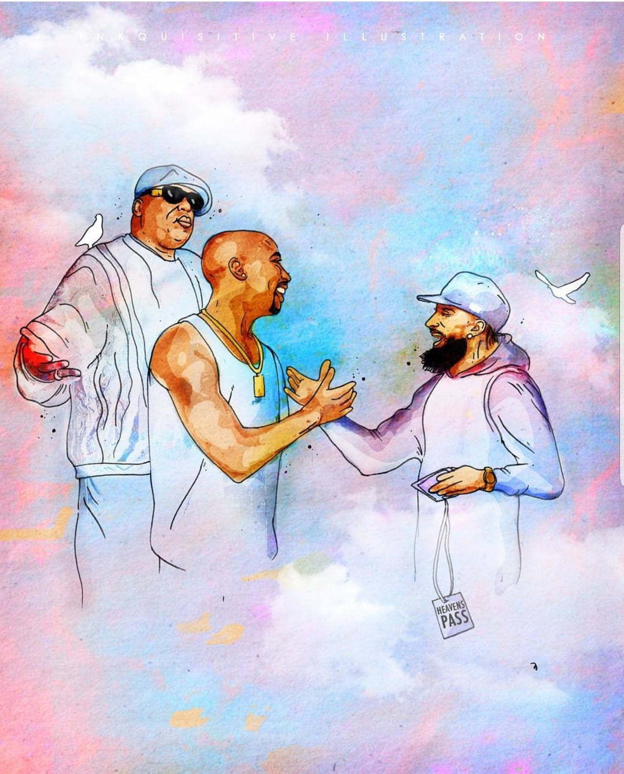 A Drawing Of Three Men In A Blue Sky Background