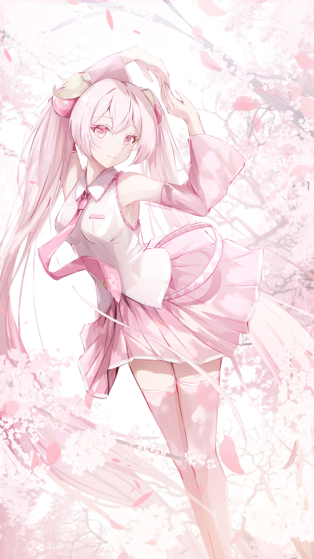 A Dreamy Pink Landscape With Sakura Miku Standing In The Center Background