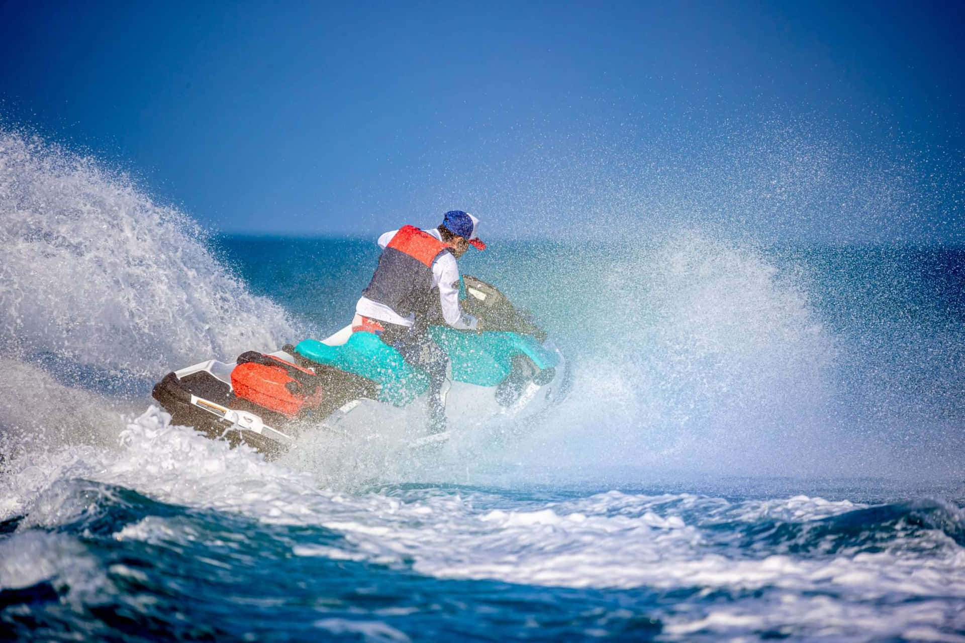 A Dynamic White And Black Jet Ski On A Sunny Day. Background