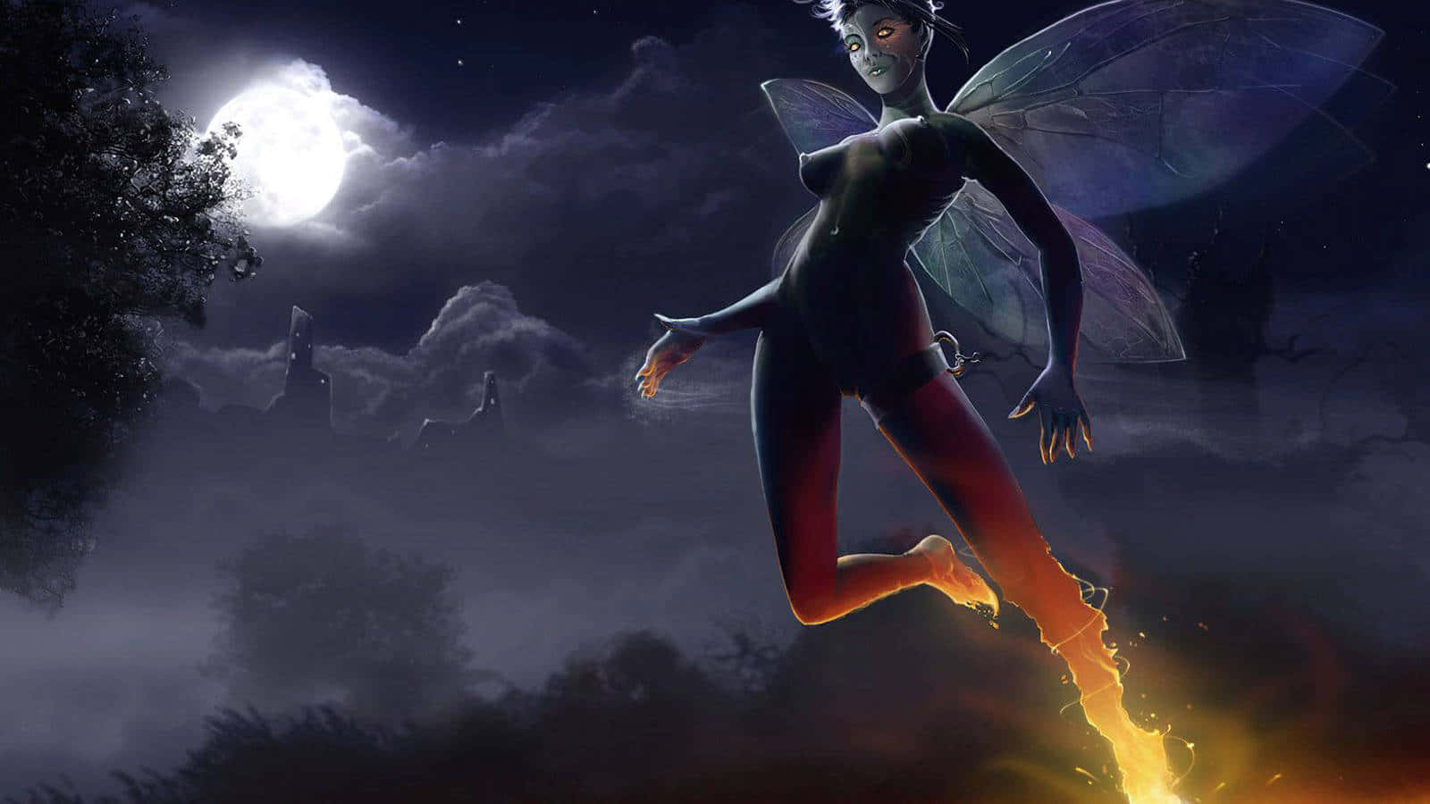 A Fairy Flying In The Night Sky Background