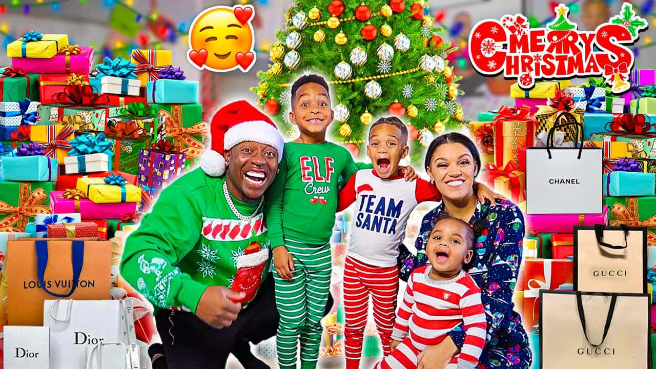 A Family Is Posing In Front Of A Christmas Tree Background