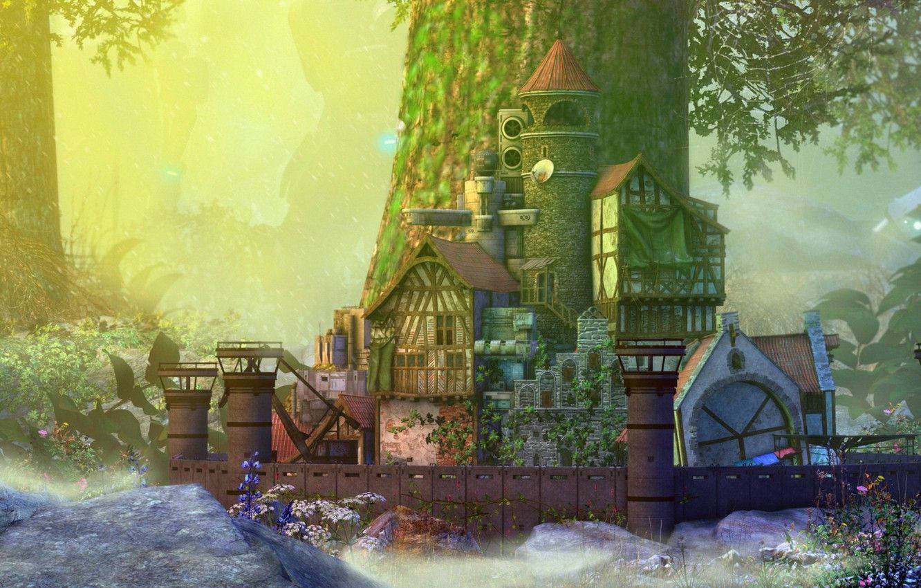 A Fantasy Castle In The Forest Background