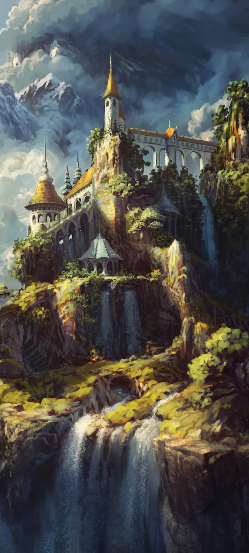 A Fantasy Castle On A Mountain With Waterfalls Background