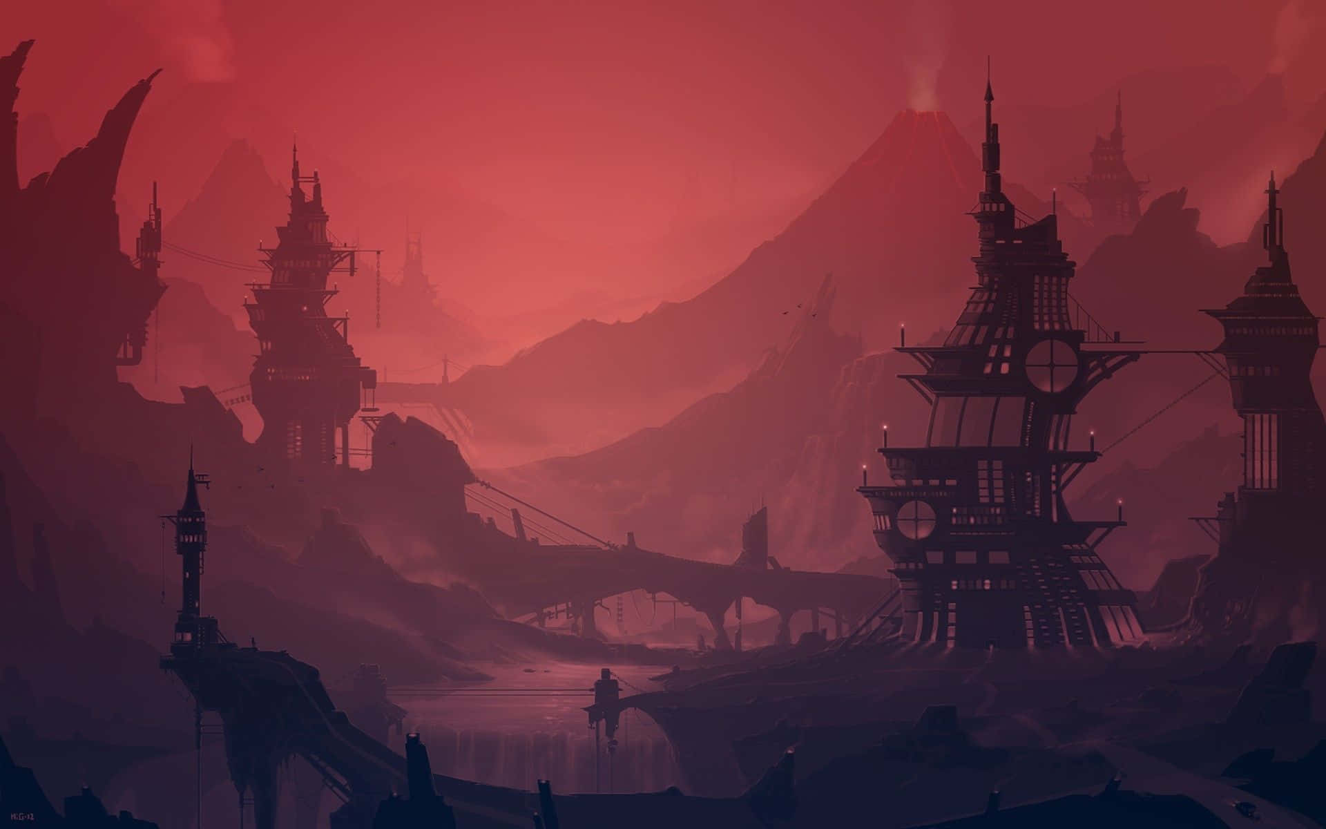 A Fantasy City With A Red Sky And A Castle Background