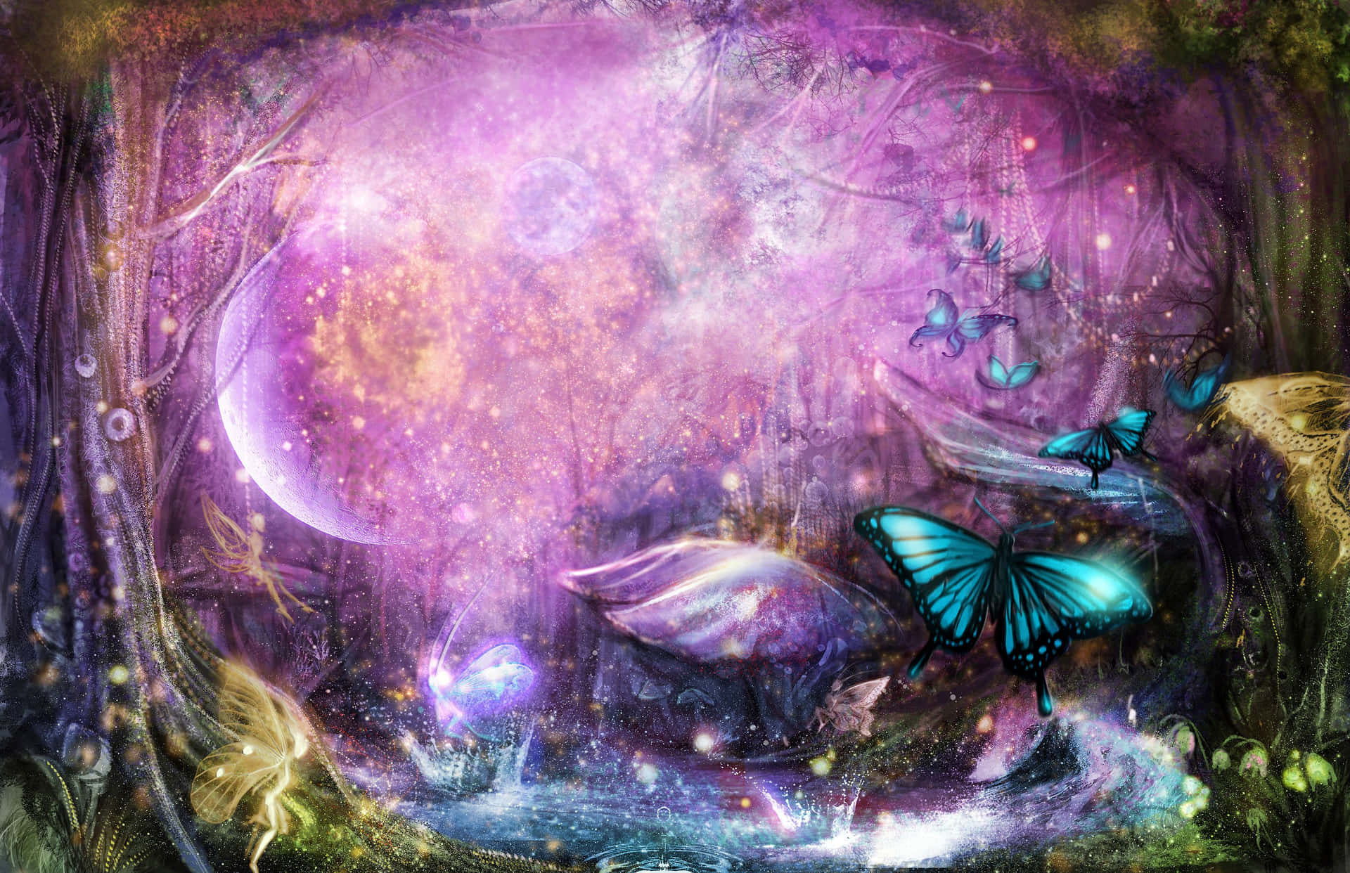 A Fantasy Forest With Butterflies And Fairy Lights Background