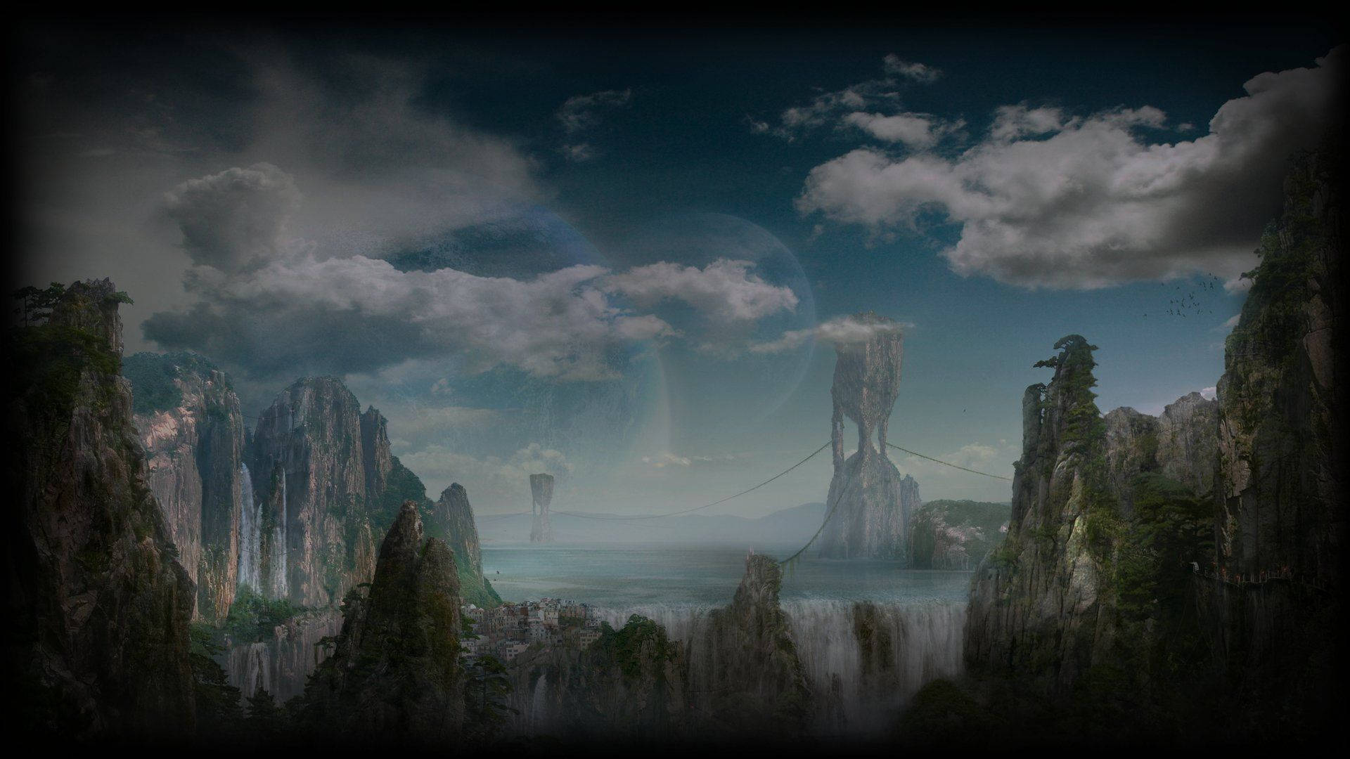 A Fantasy Landscape With A Waterfall And A Castle Background