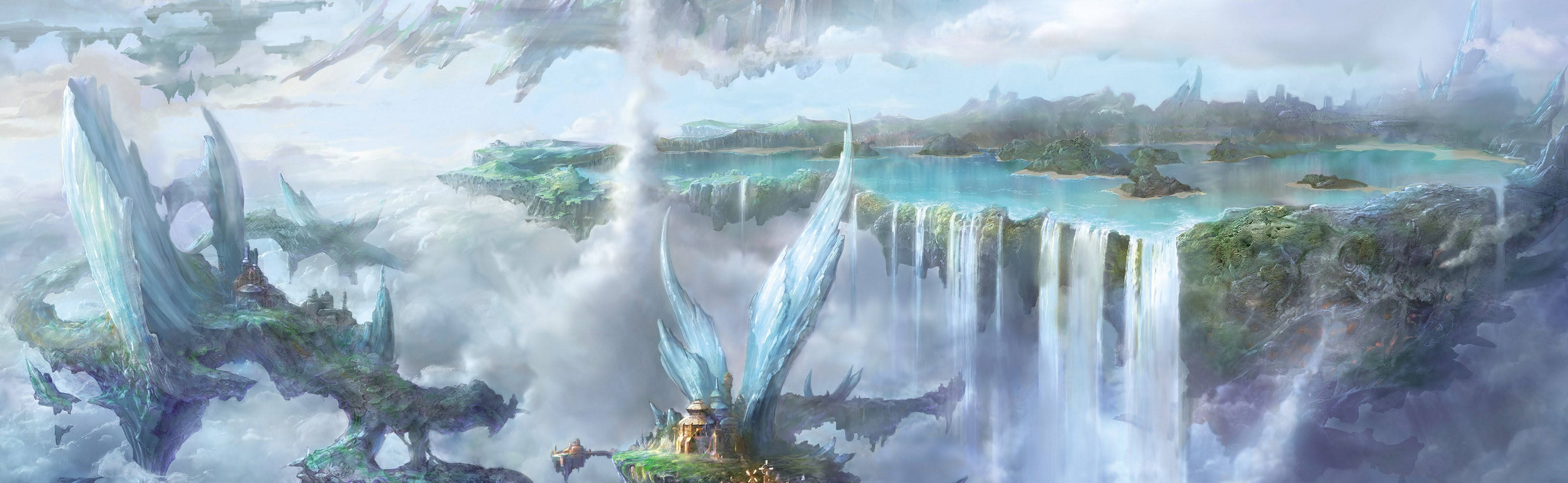 A Fantasy Painting Of A Waterfall And A Castle Background