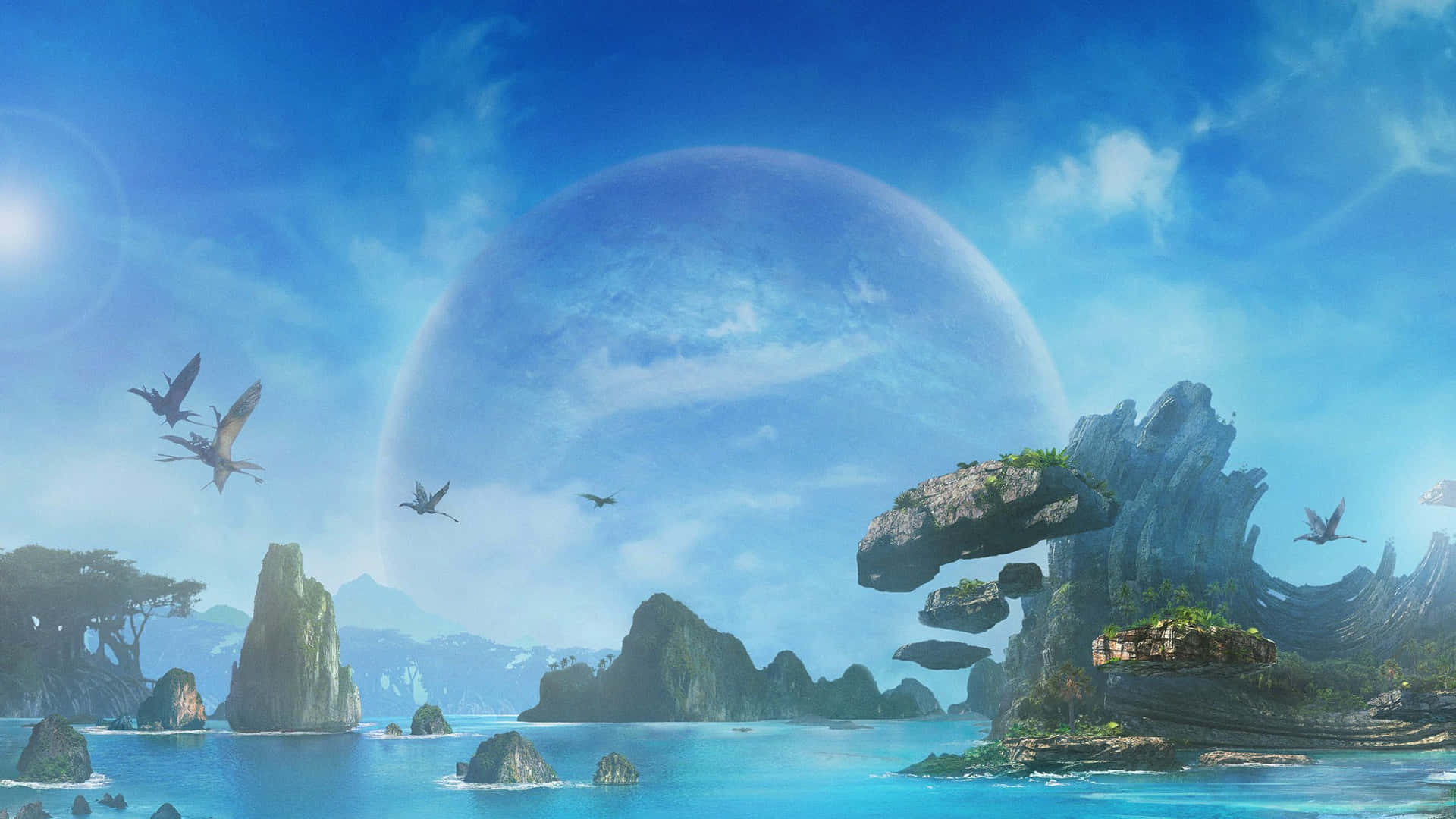 A Fantasy Scene With A Large Island And Birds Flying Around Background