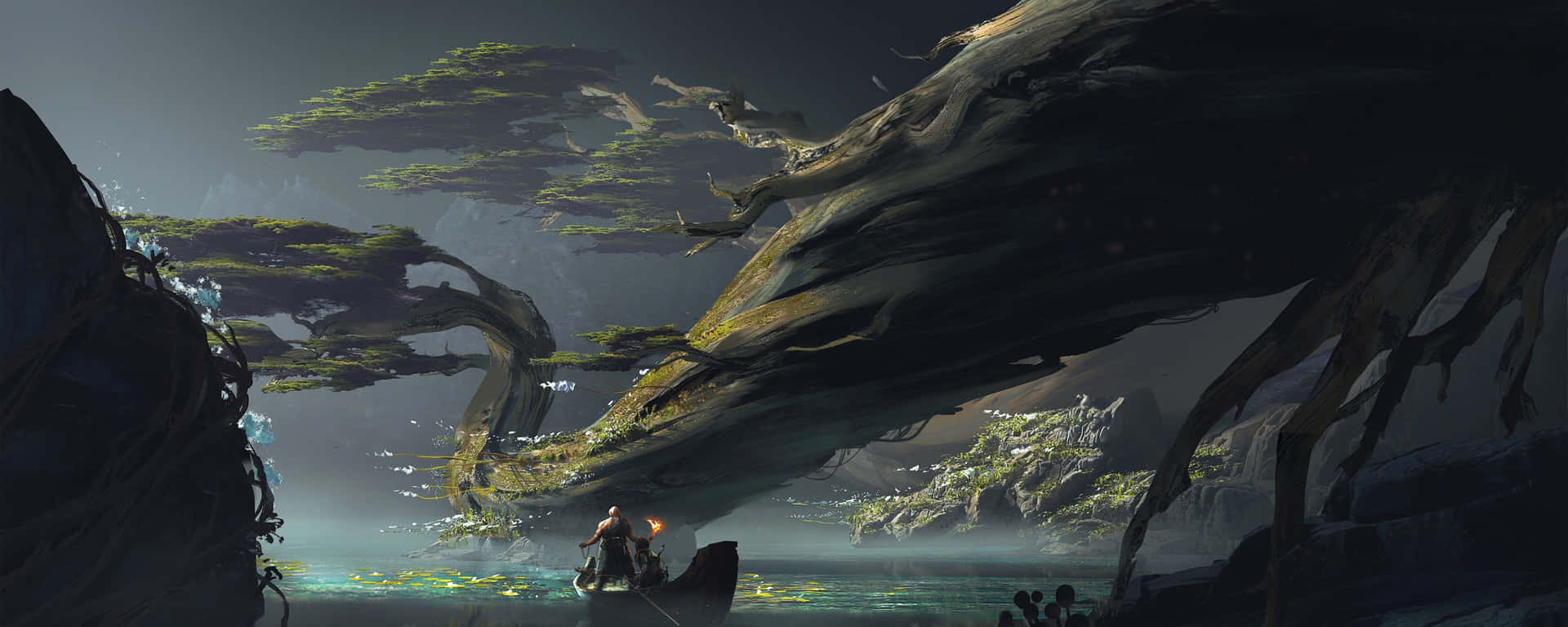 A Fantasy Scene With A Tree And A Waterfall Background