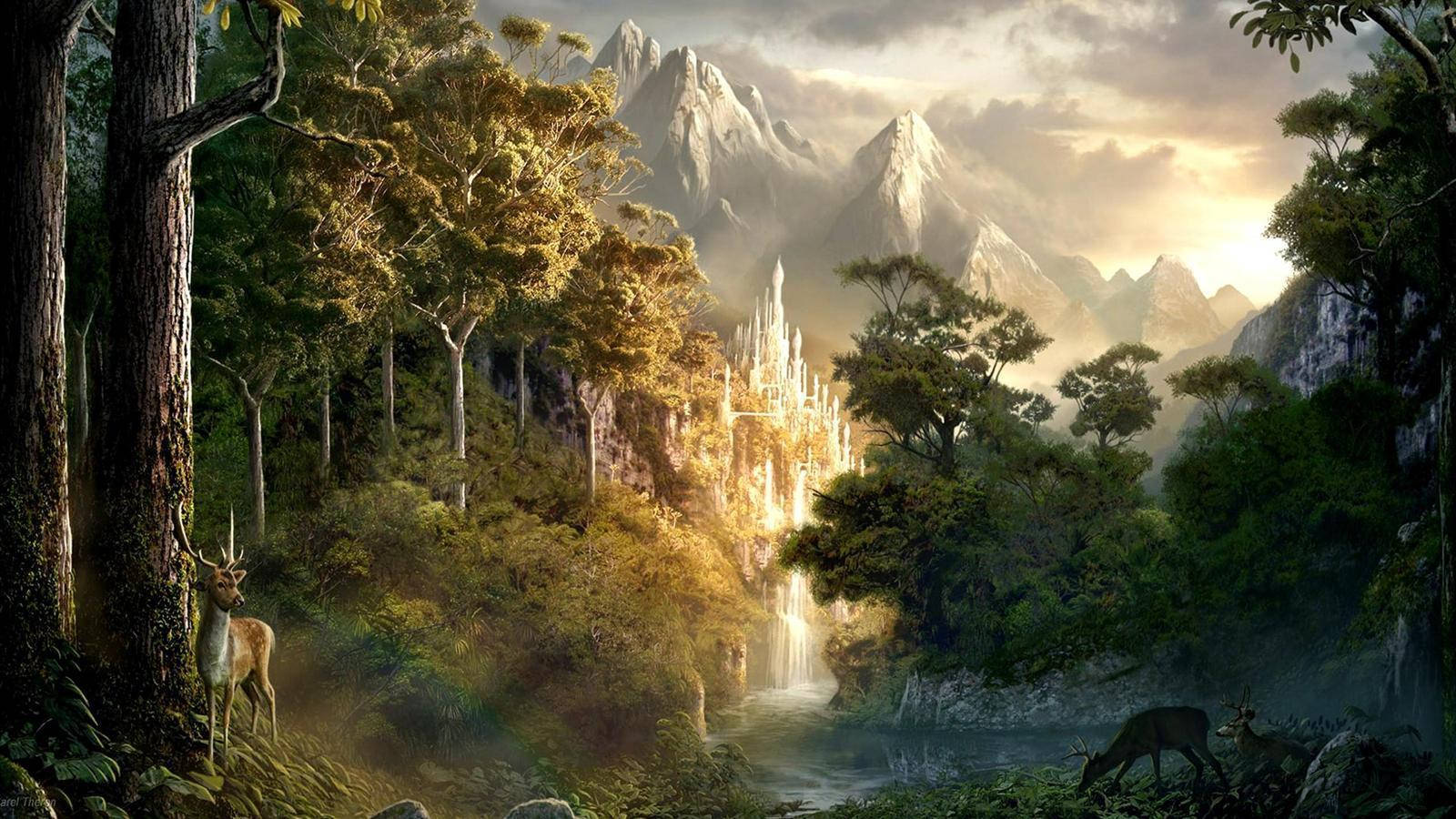 A Fantasy Scene With A Waterfall And Trees