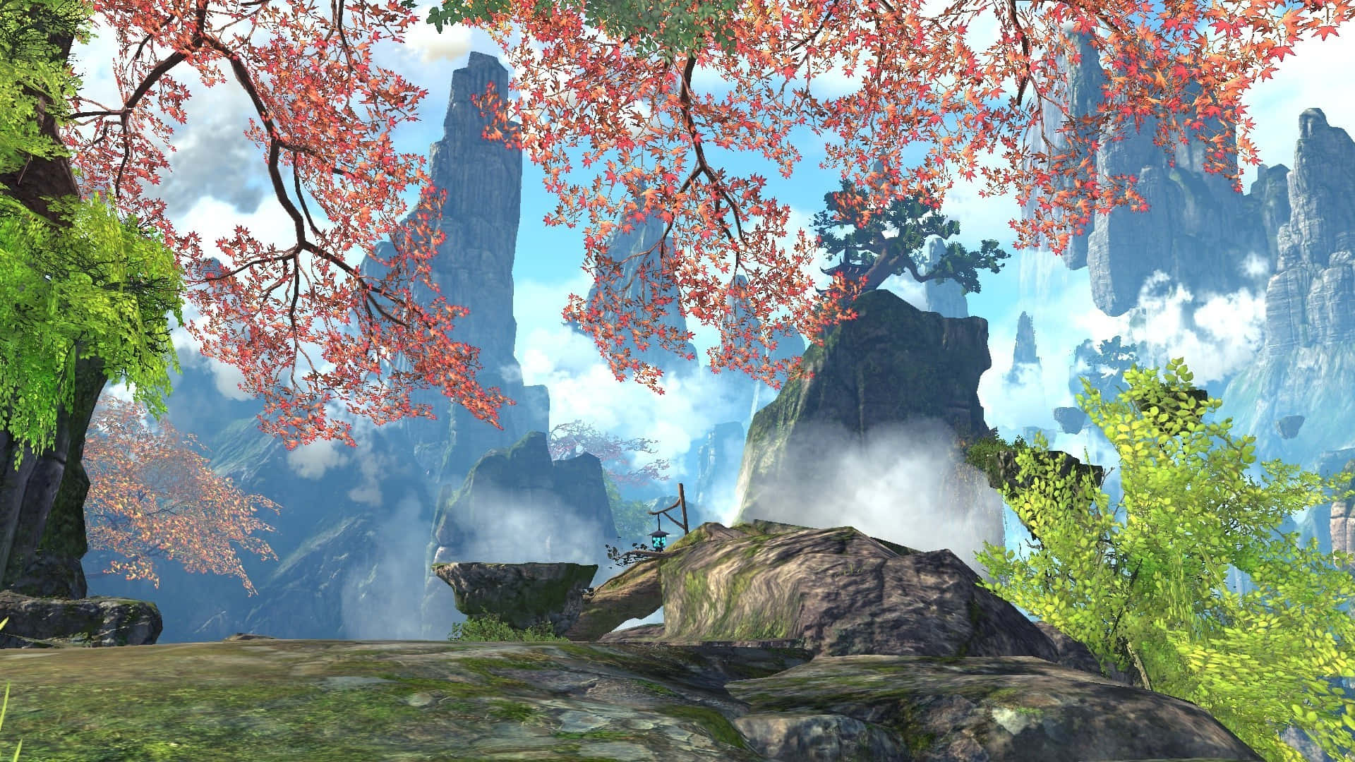 A Fantasy Scene With Trees And Mountains Background